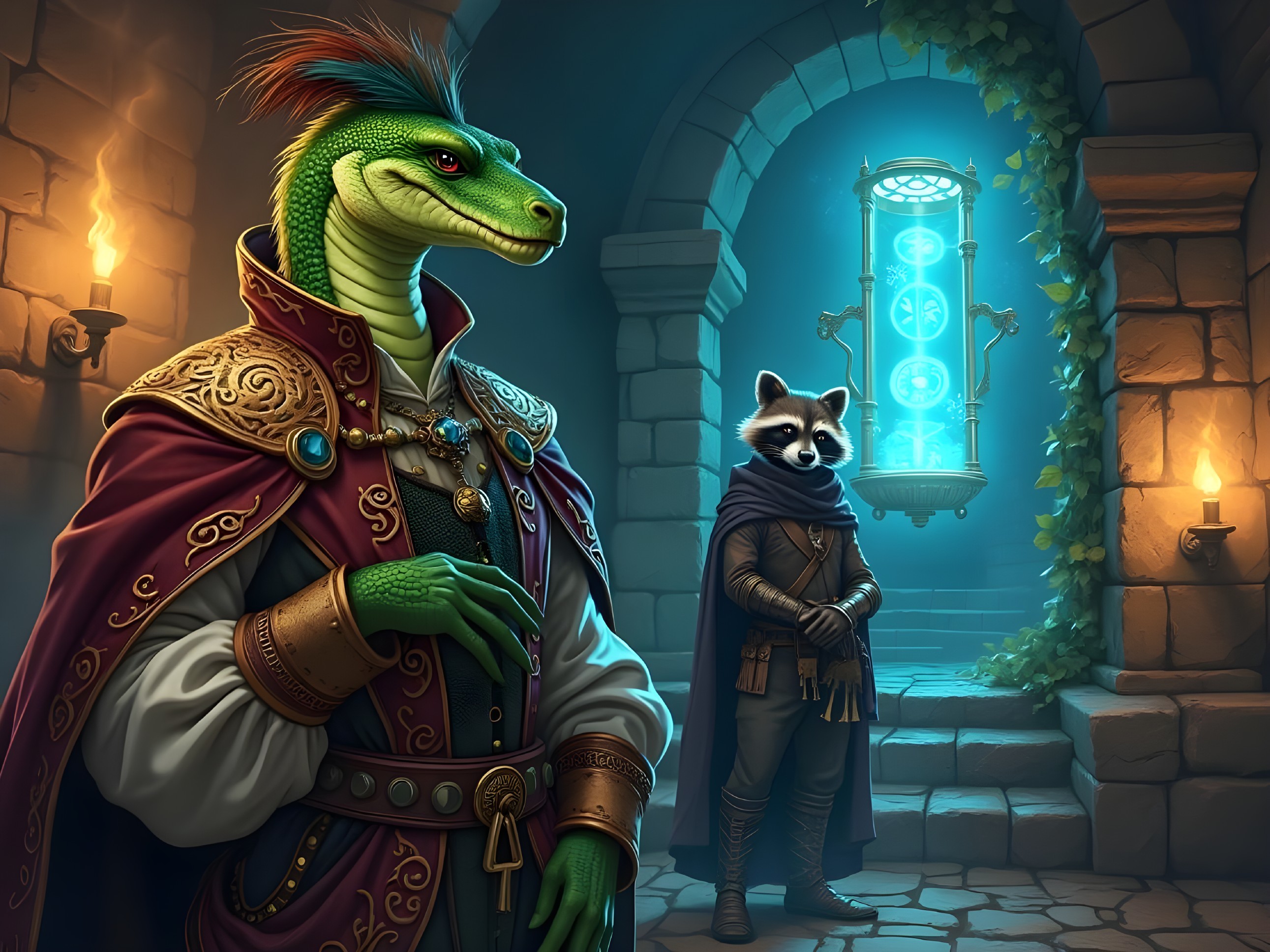 Regal Lizardfolk and Raccoon in Mystical Chamber