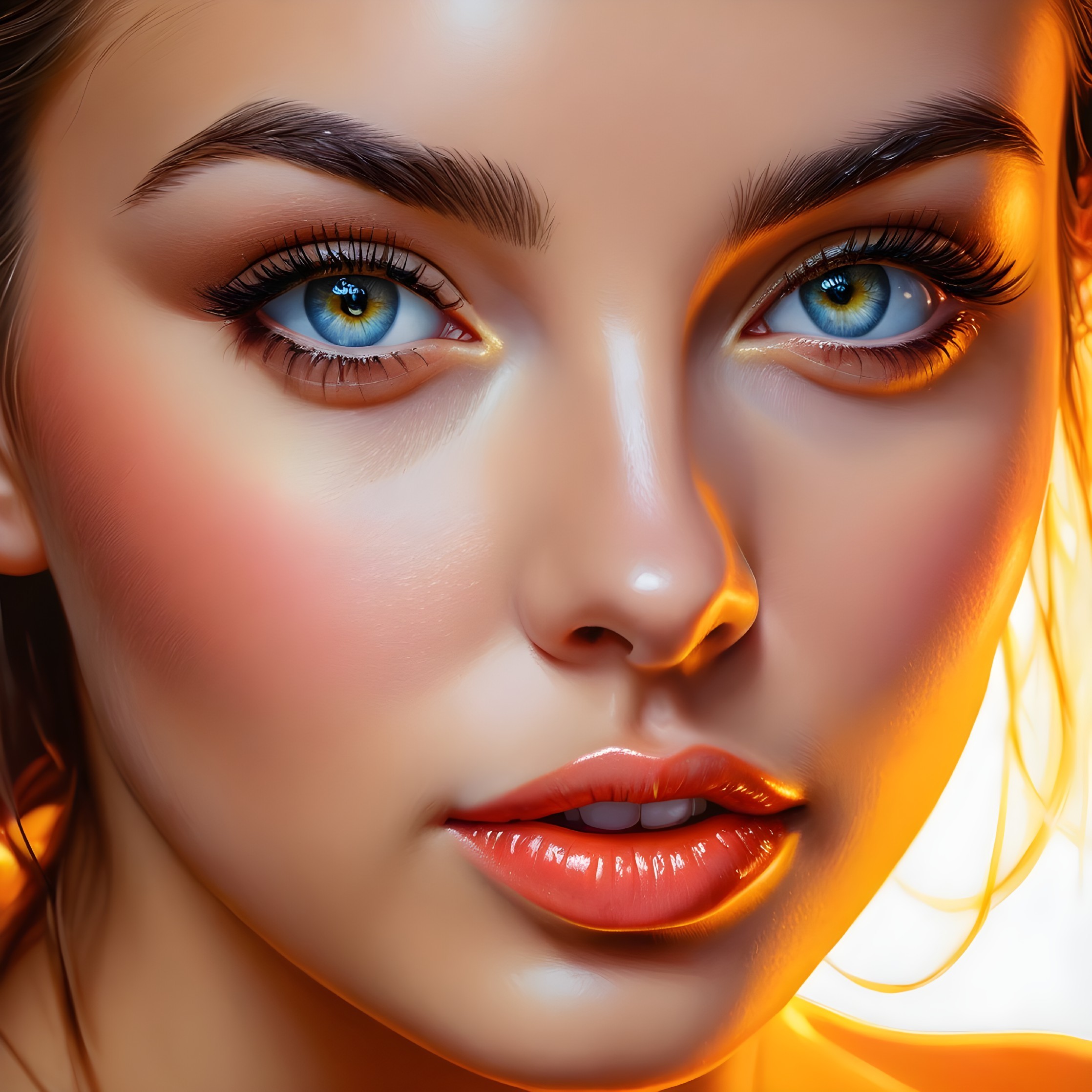 Close-up of a young woman with radiant blue eyes