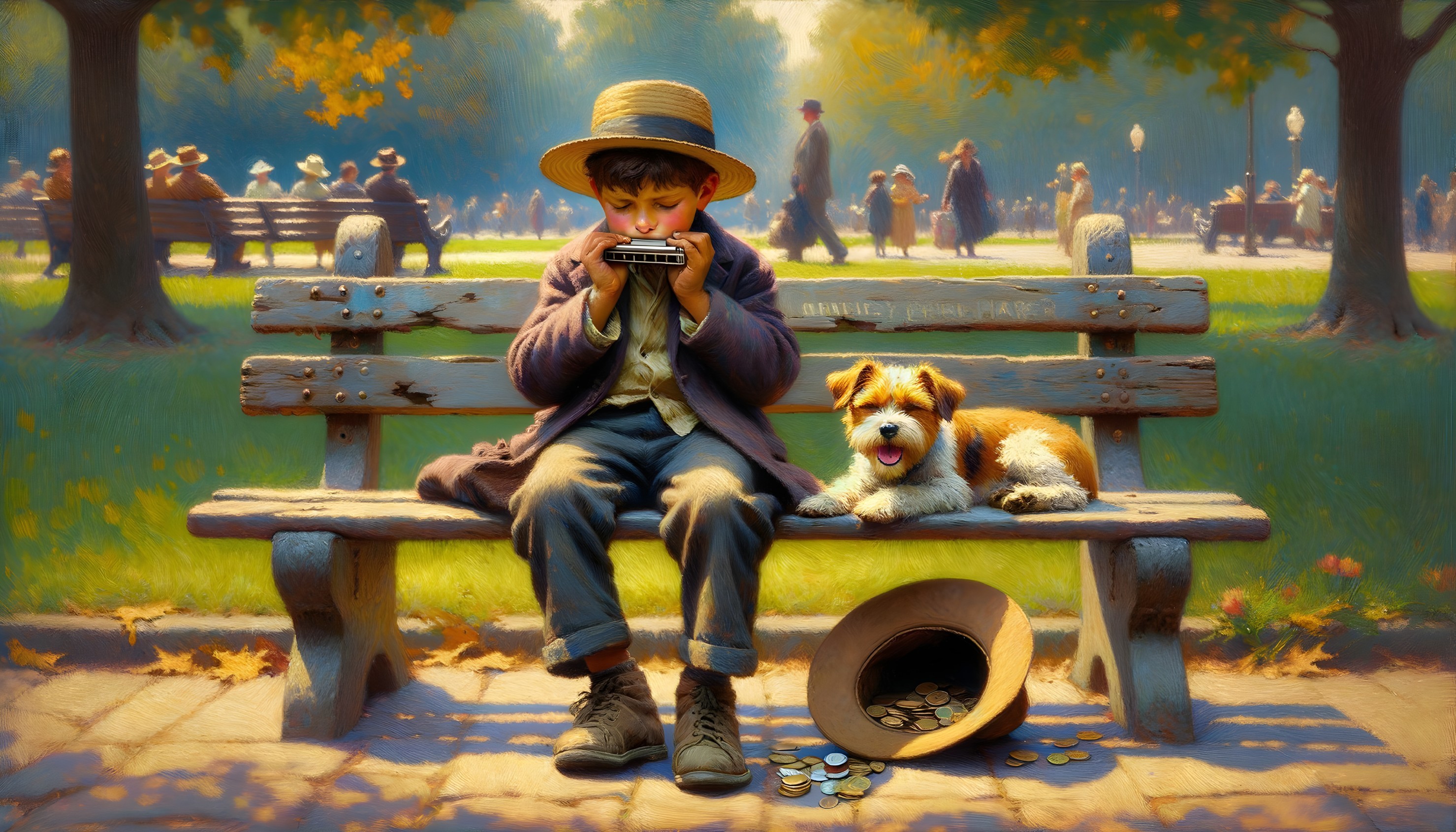 Young boy playing harmonica on park bench with dog