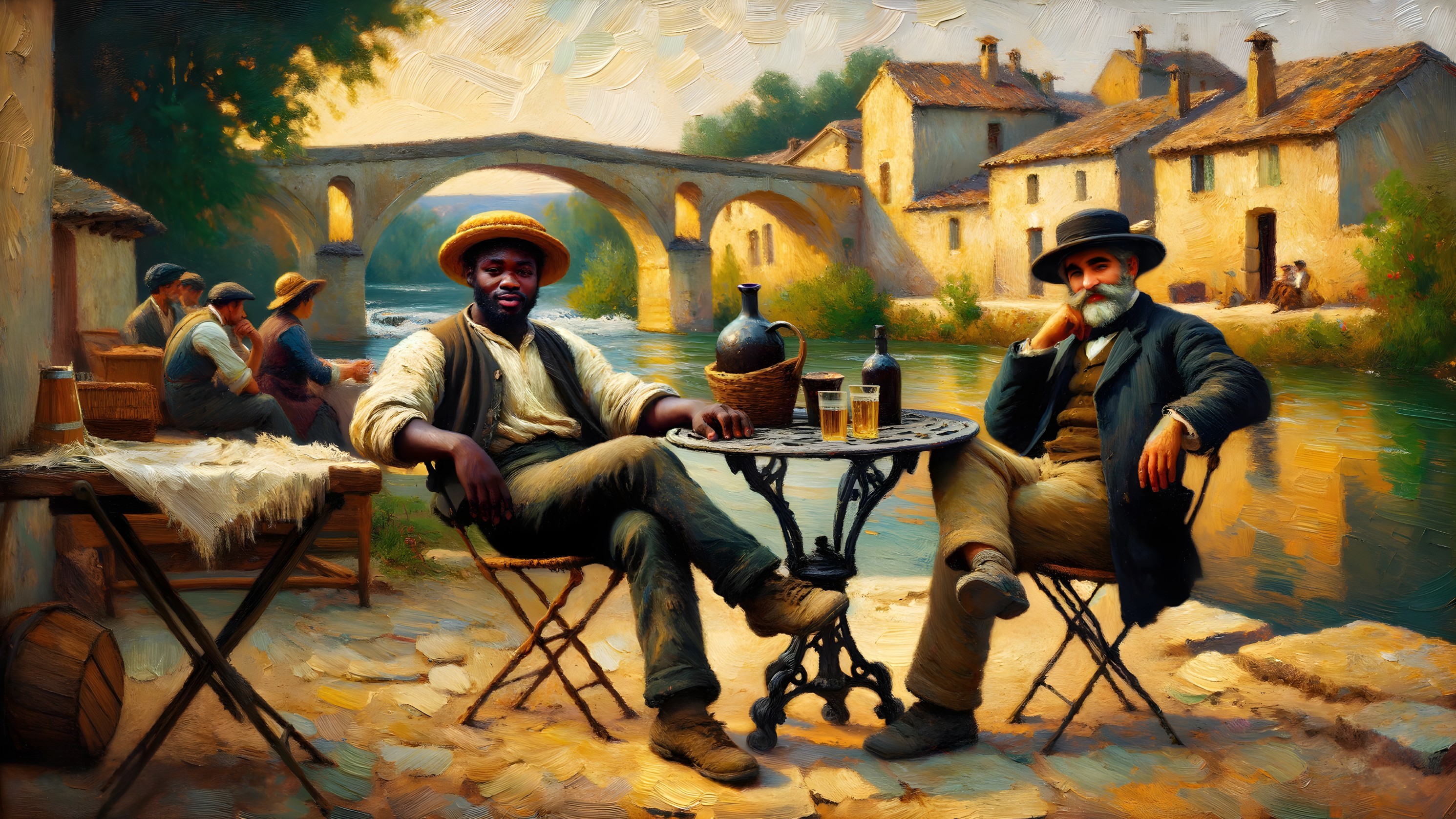 Riverside Scene with Two Men and Tranquil Village
