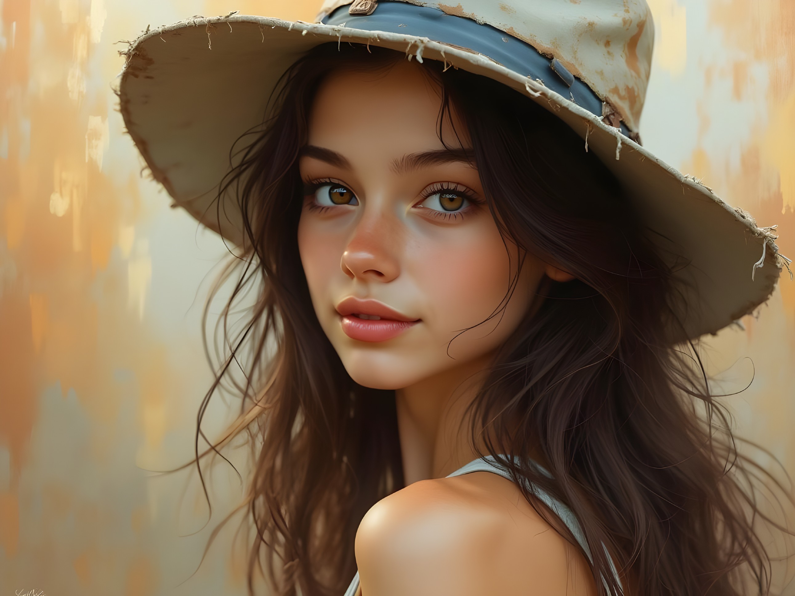 Young woman with wavy brown hair and wide-brimmed hat