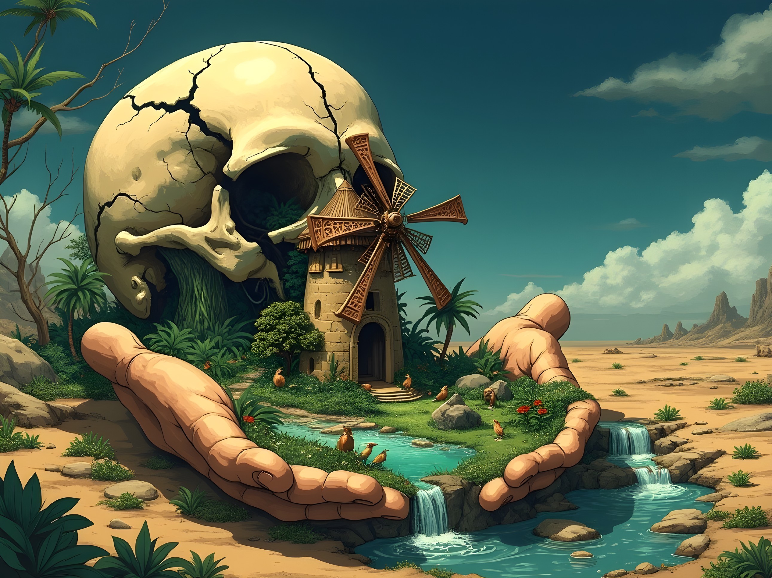 Surreal Landscape with Giant Skull and Windmill Oasis