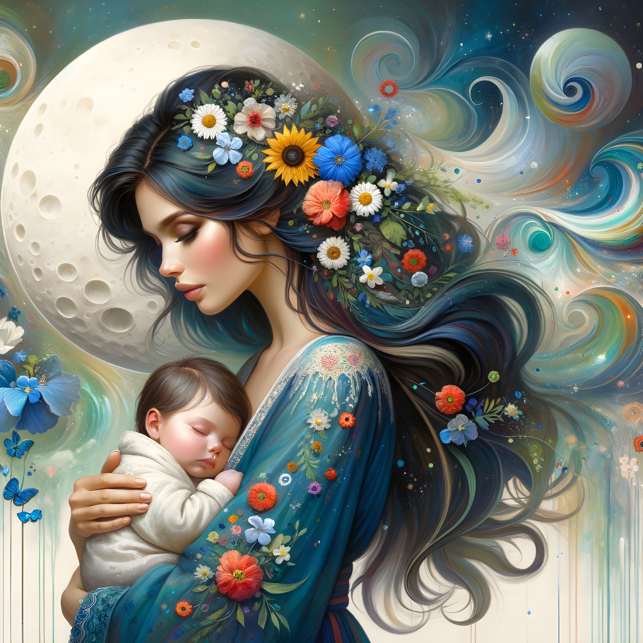Serene Woman with Baby Under a Luminous Moon