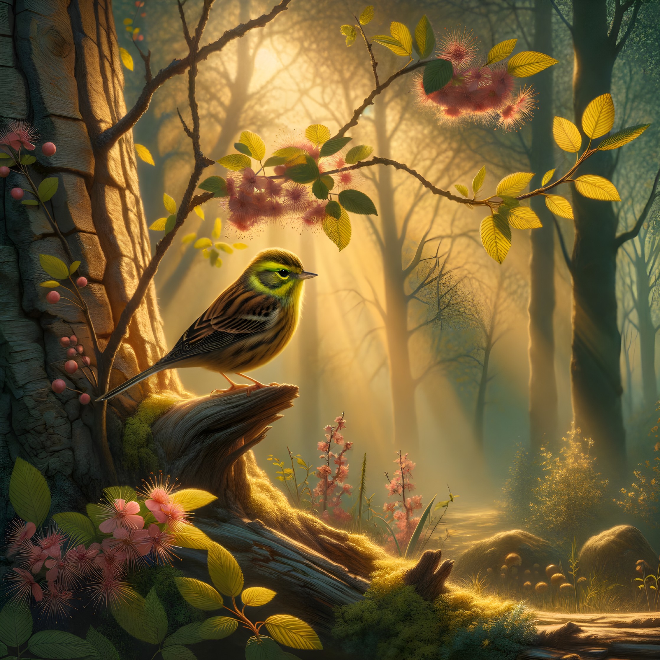 Vibrant Bird on Mossy Stump in Serene Forest Scene