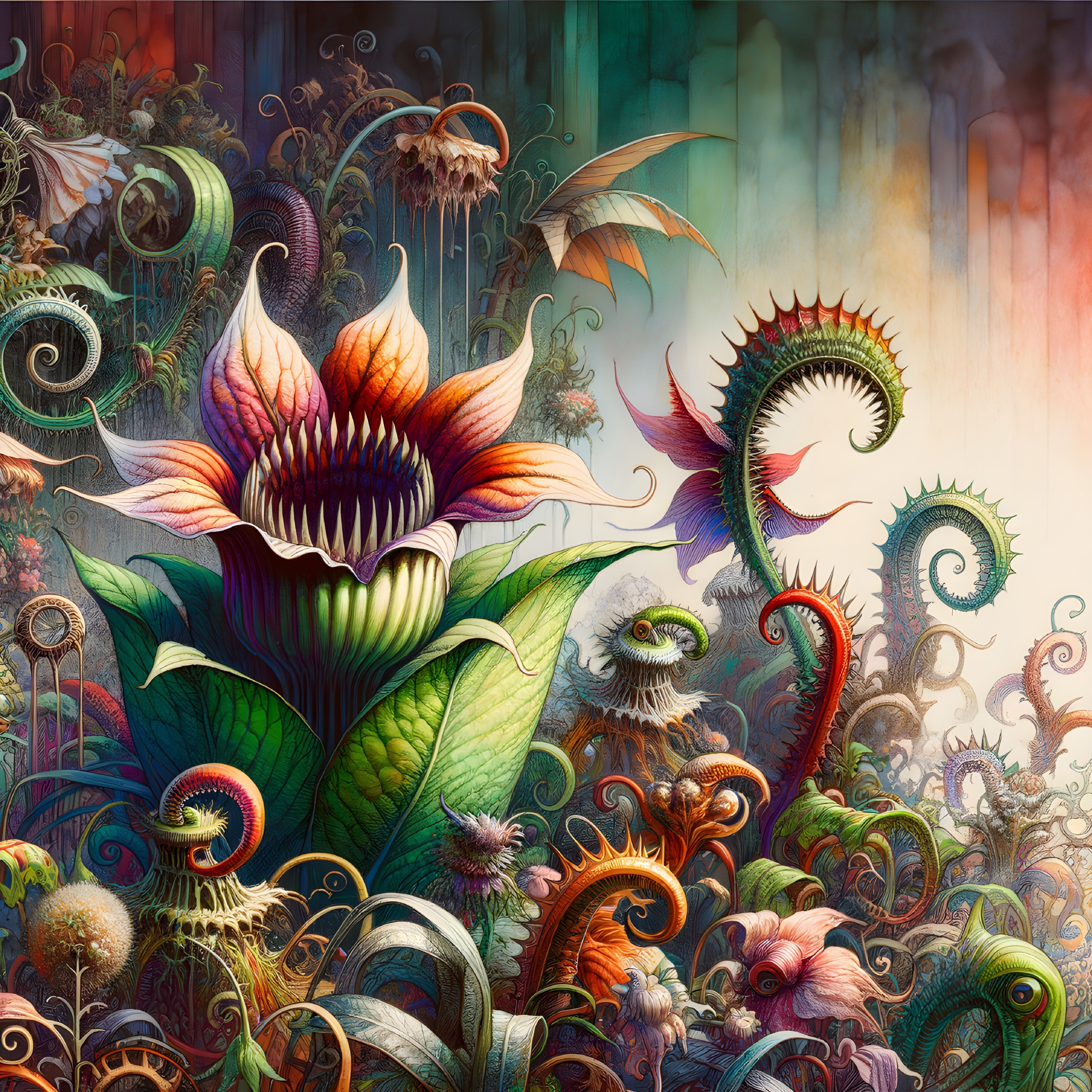 Colorful surreal artwork: Oversized flower, exotic plants, tentacle spirals, ethereal gradients