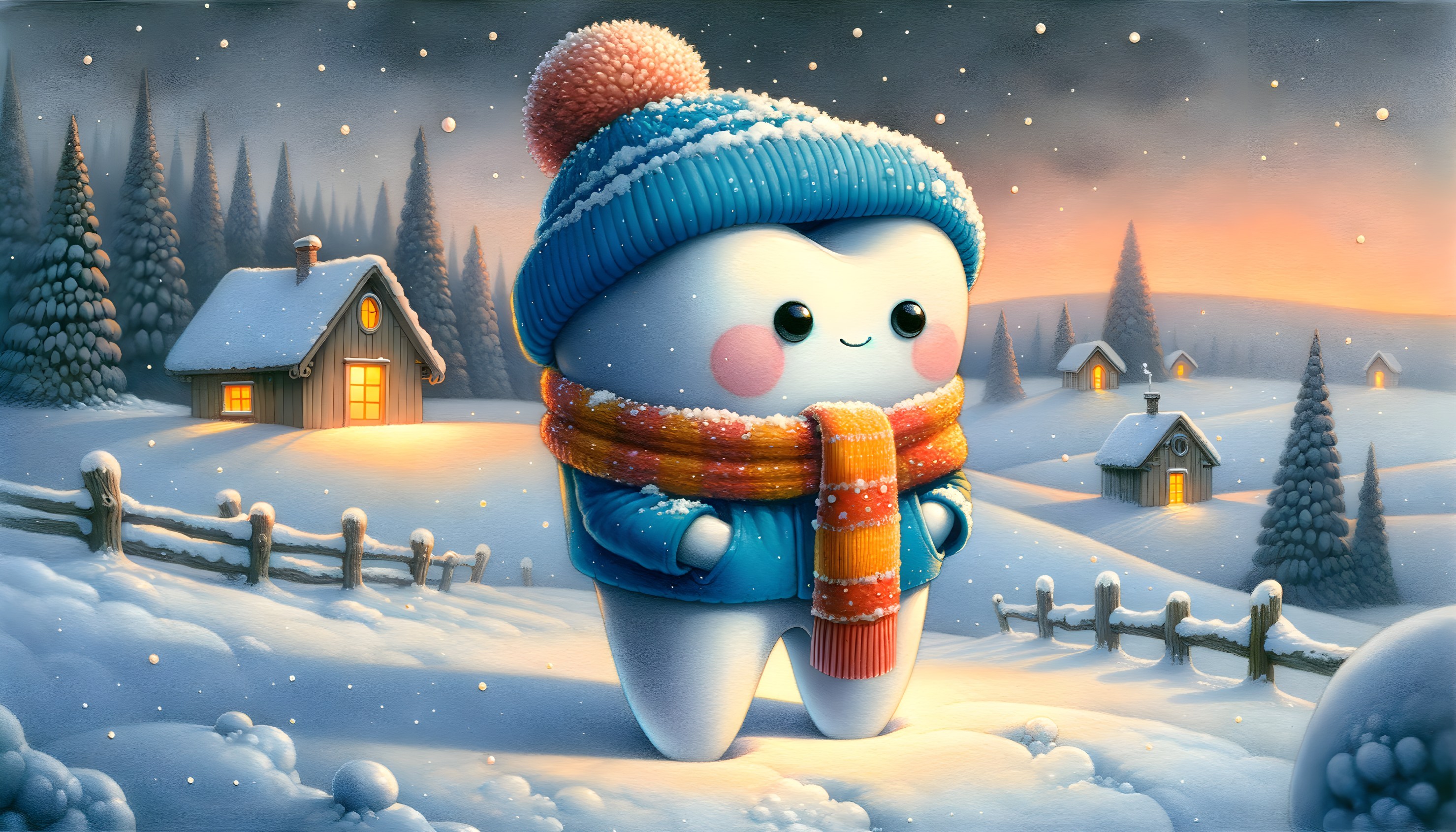 Whimsical Snowy Landscape with Cartoon Tooth Character