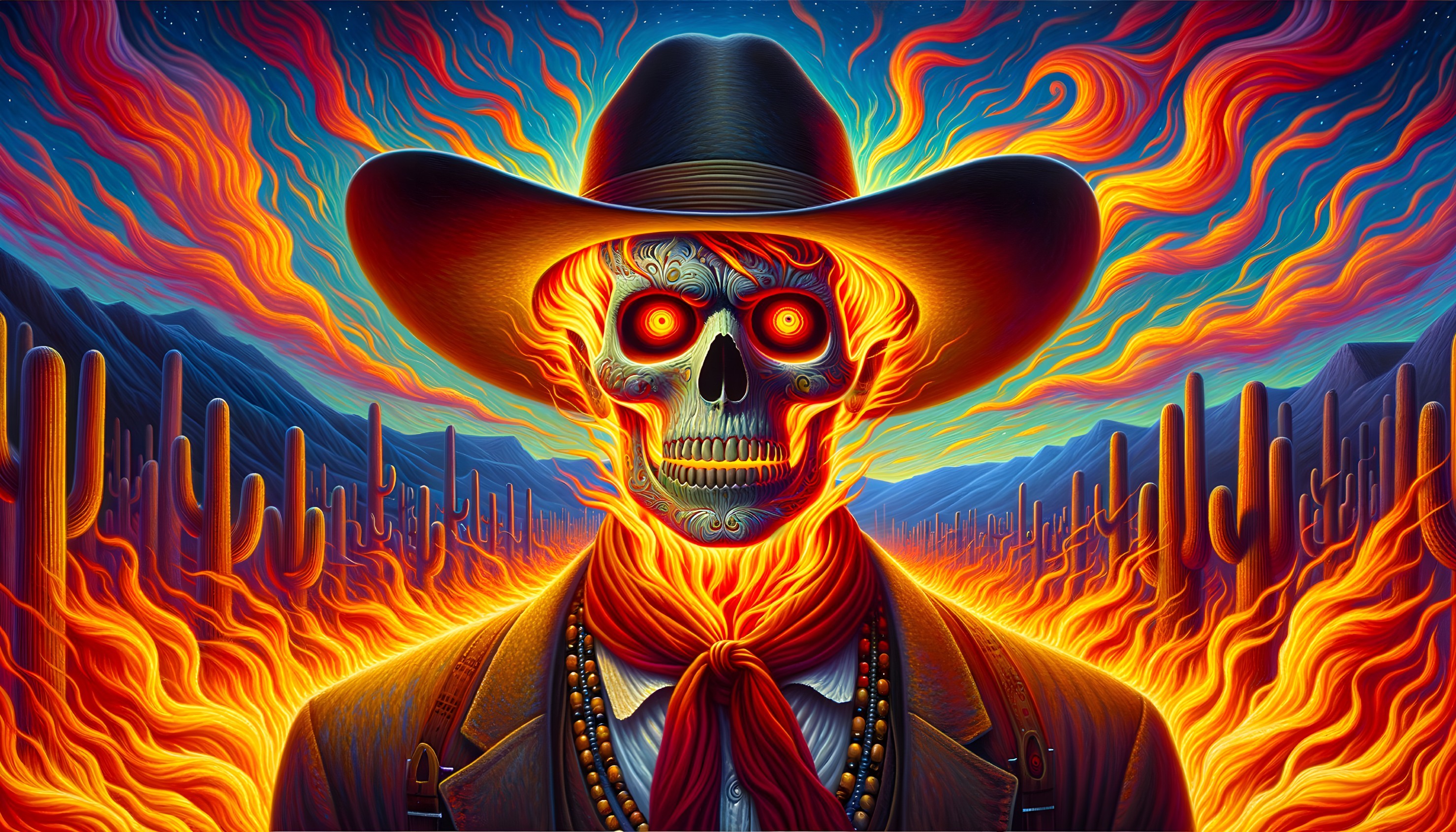 Surreal Skull in Cowboy Hat with Fiery Desert Elements