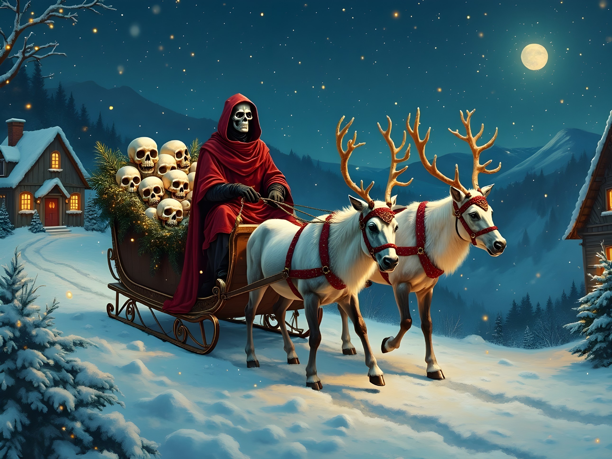 Whimsical snowy landscape with a skeletal sleigh scene