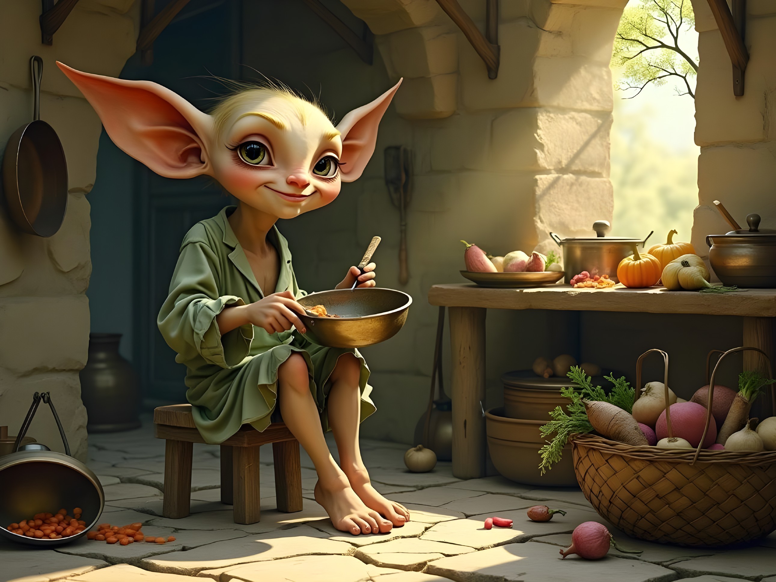 Whimsical Creature in Cozy Kitchen with Fresh Produce