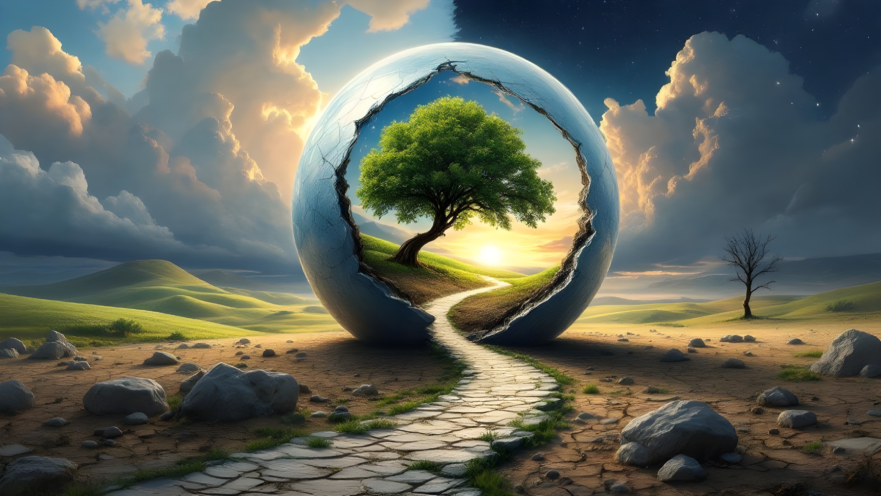 Surreal Landscape with Giant Sphere and Vibrant Tree