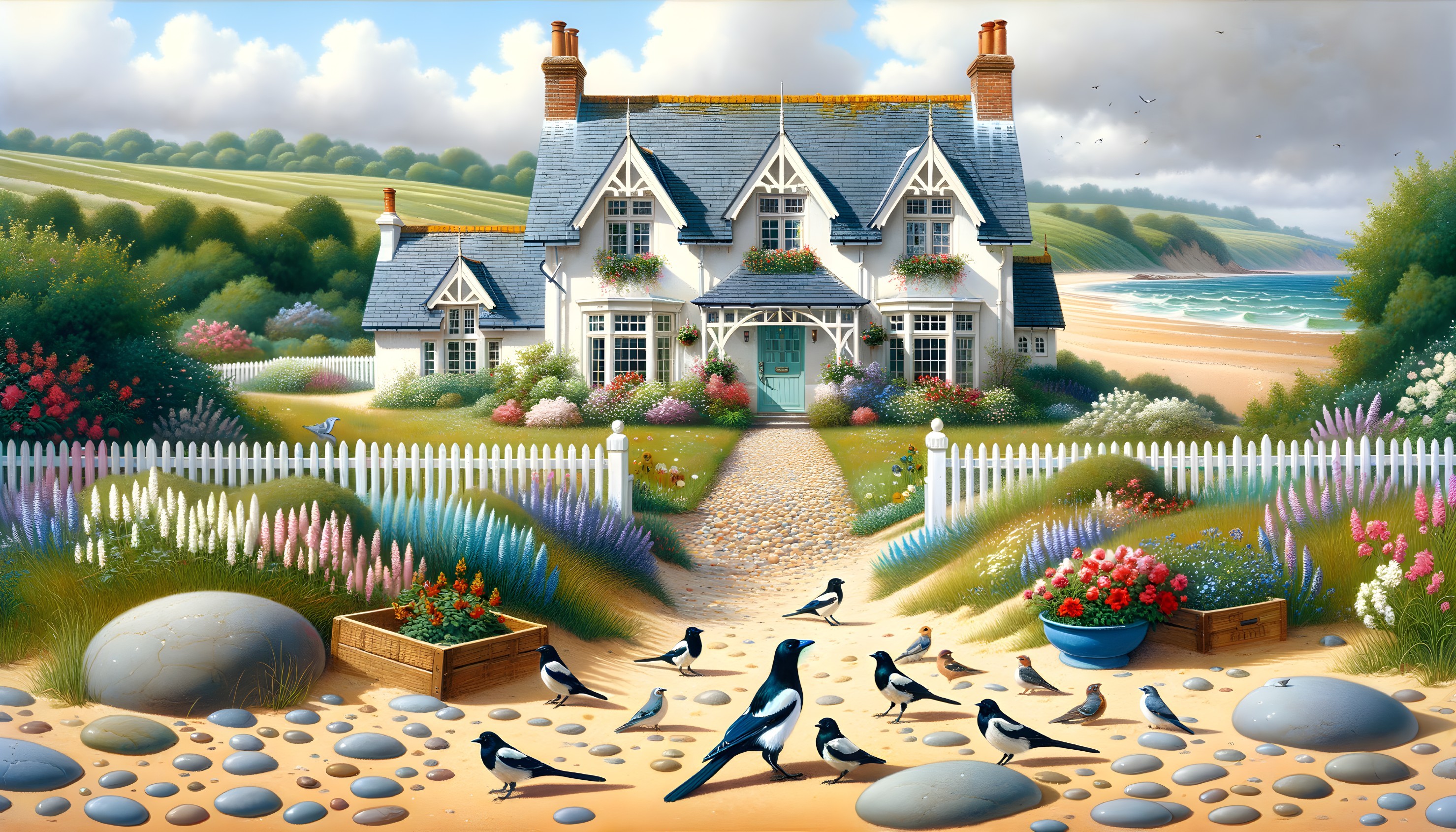 Coastal Cottage Surrounded by Flowers and Scenic Hills