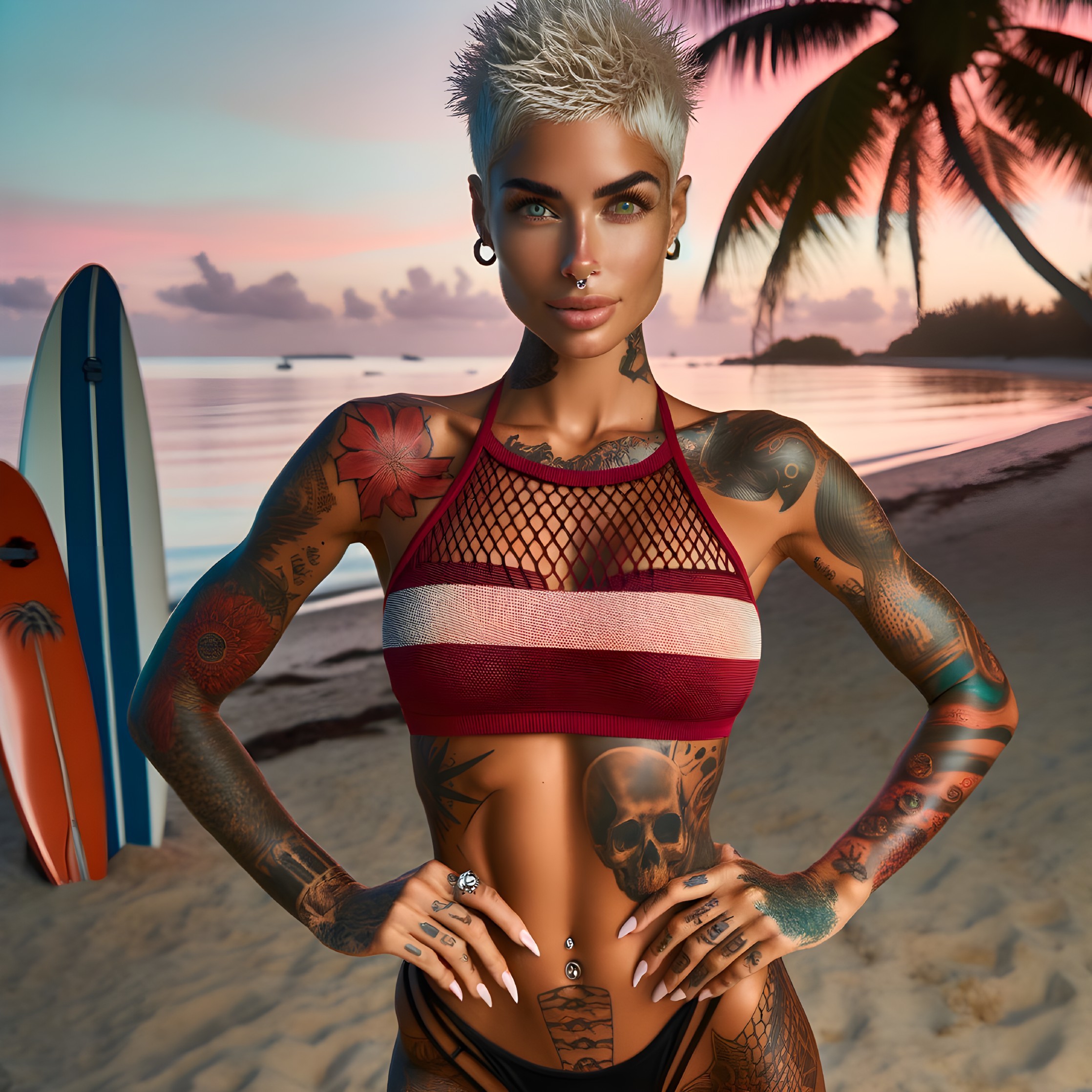 Confident Woman on Beach at Sunset with Tattoos