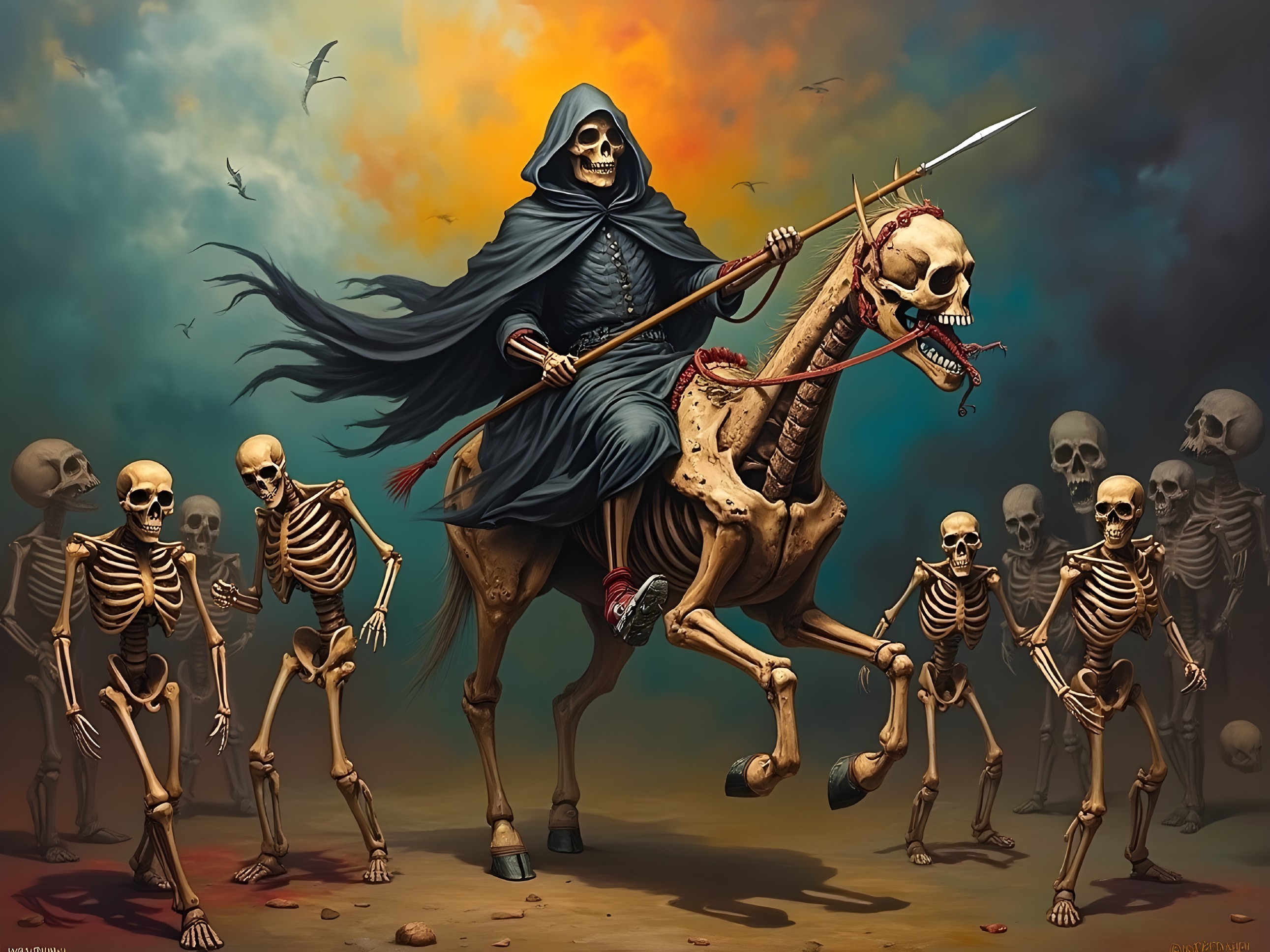 Skeletal Figure and Horse in a Macabre Scene