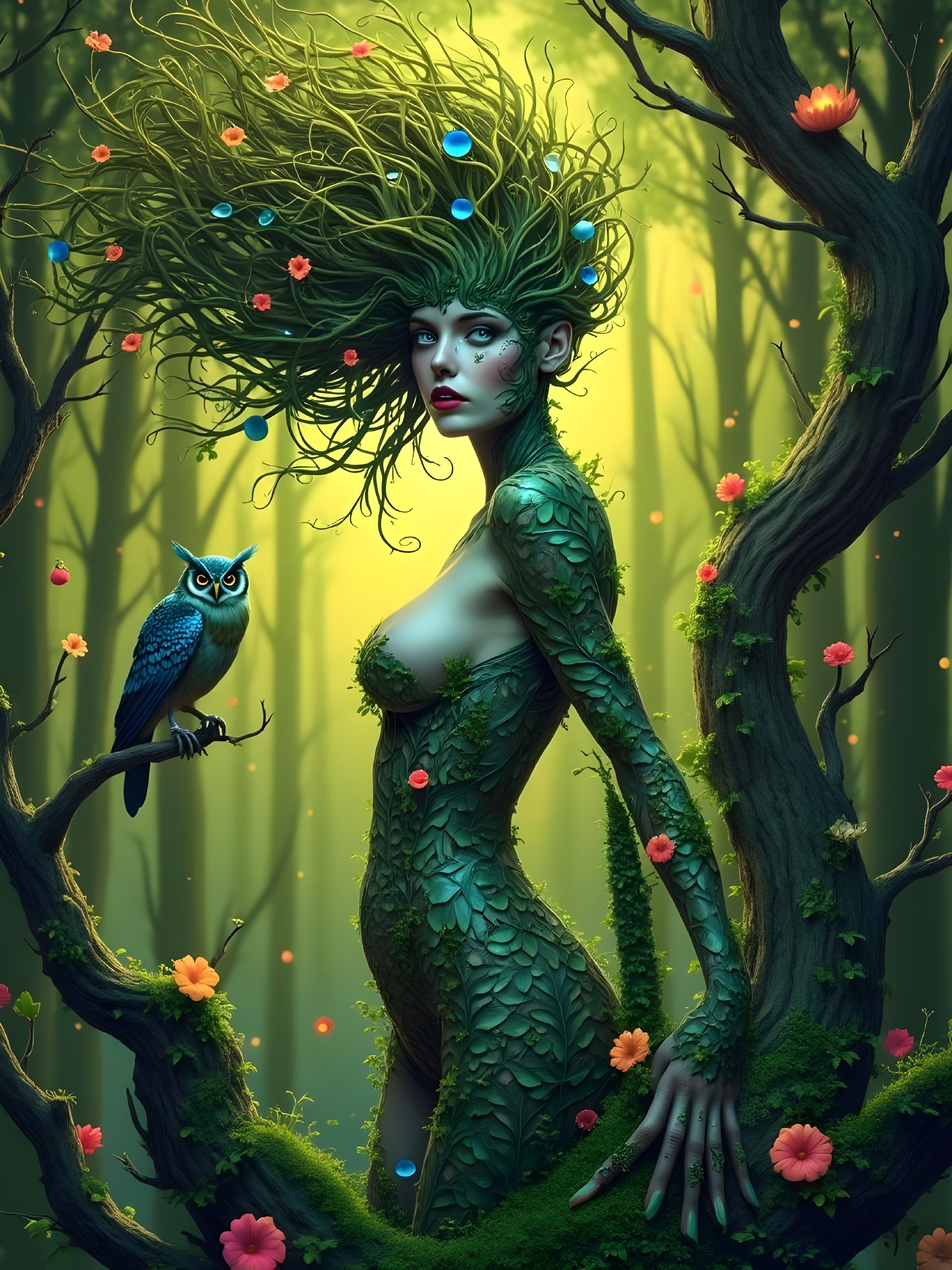 Mystical Forest Scene with Enchanted Figure and Owl