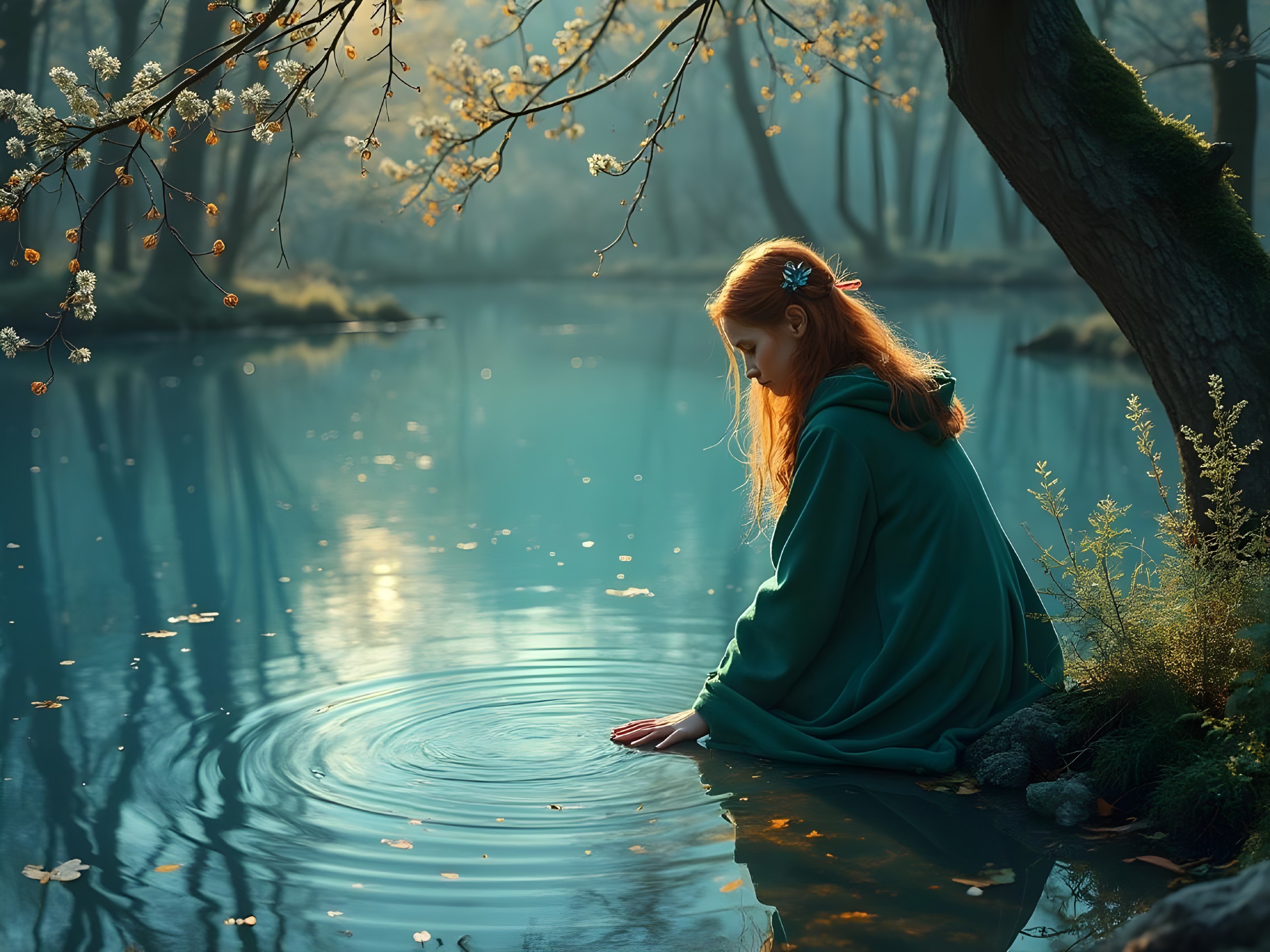 Tranquil Lake Scene with Young Woman in Green Cloak