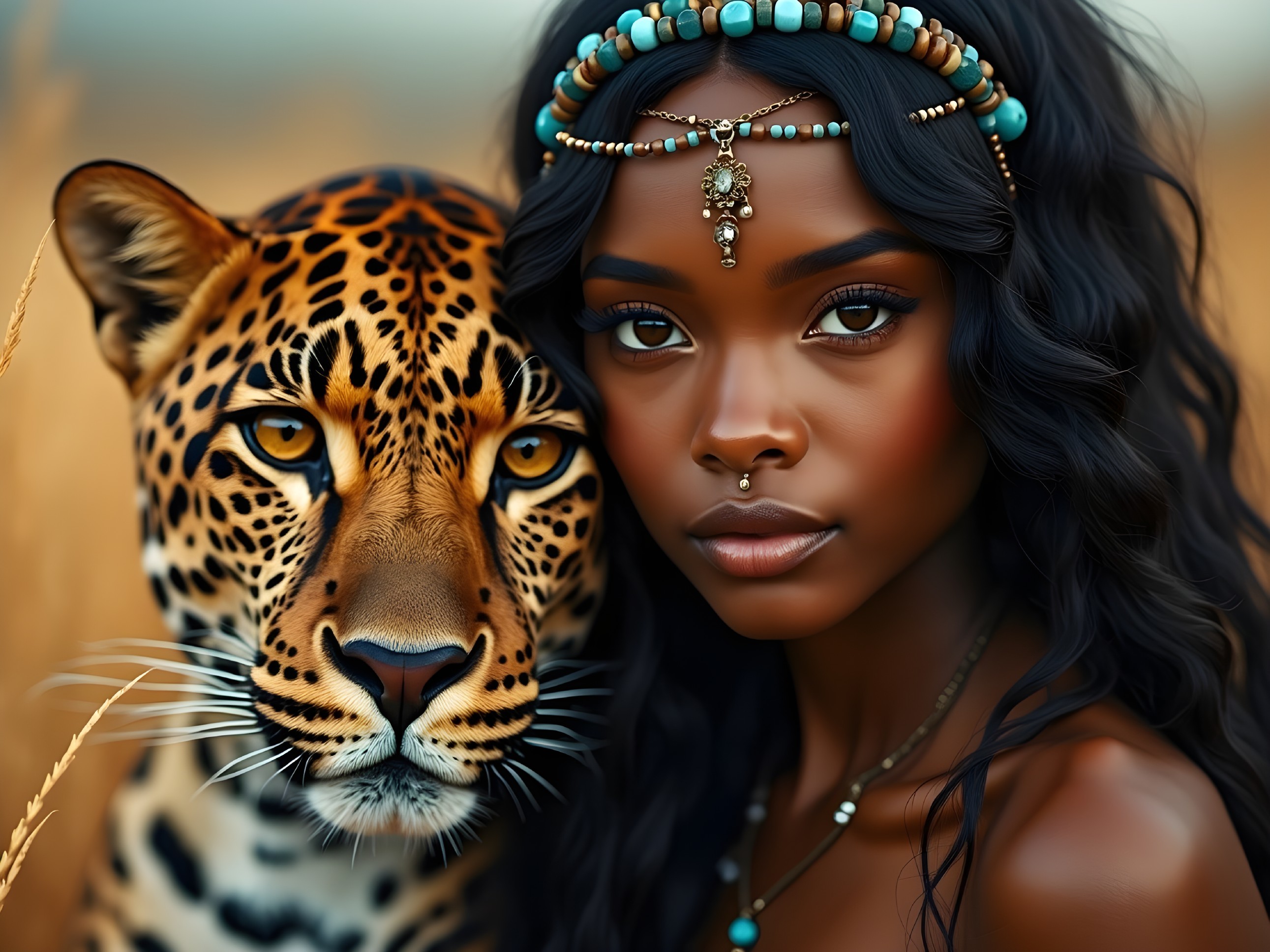 Portrait of a Young Woman with a Leopard in Nature