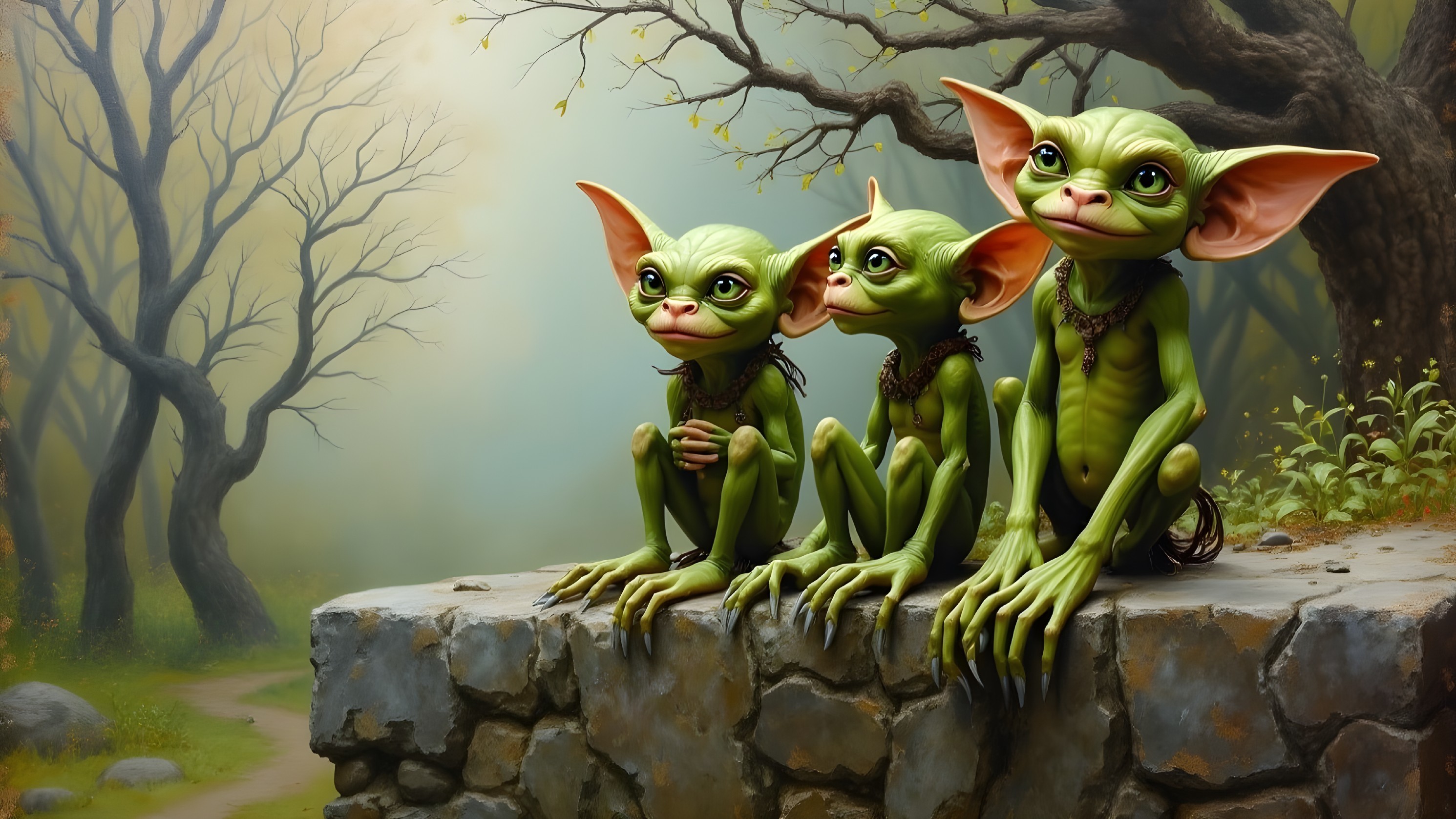 Whimsical Green Creatures in a Misty Forest Setting