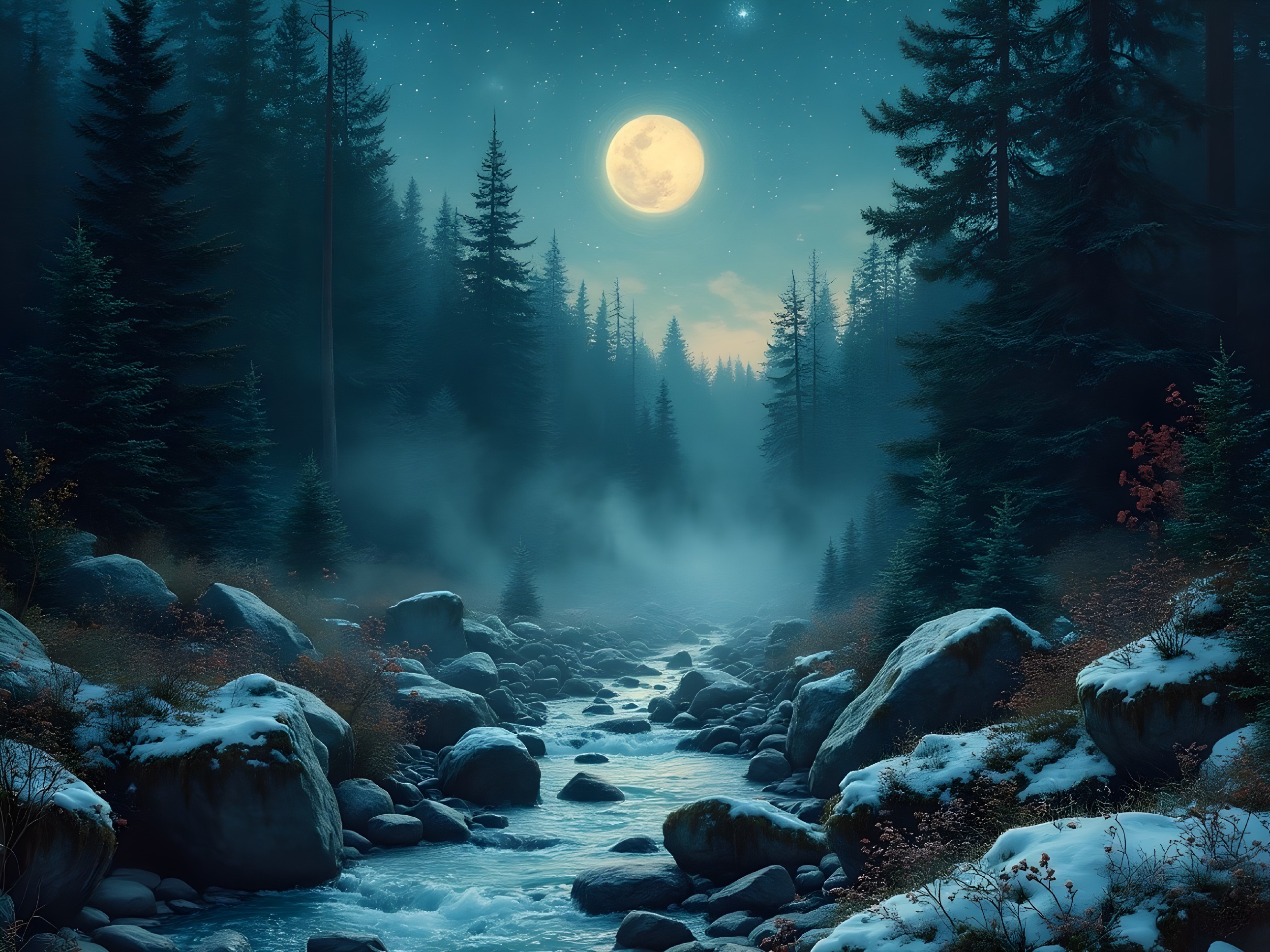 Serene Nighttime Forest Scene with Full Moonlight