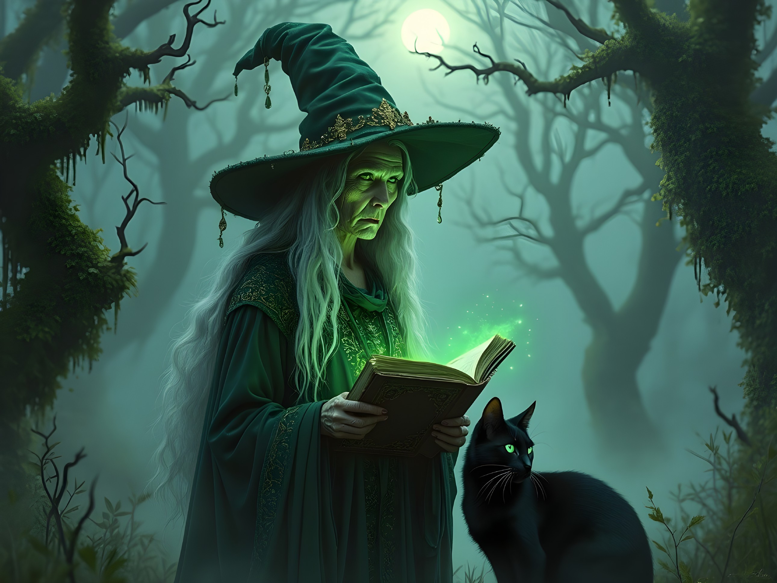 Enchanted Forest Scene with Ancient Witch and Cat