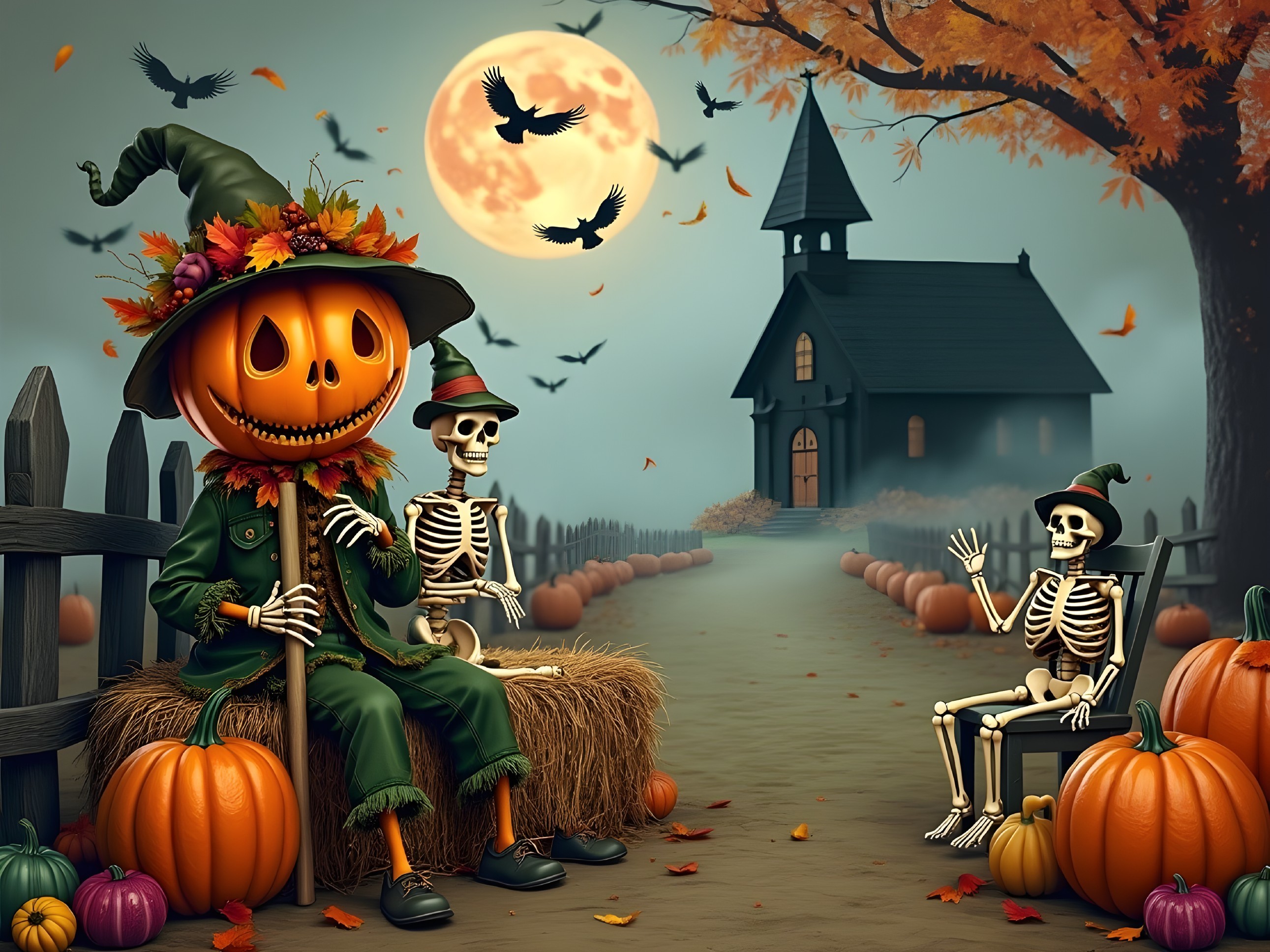 Whimsical Halloween Scene with Pumpkin Figure and Skeletons