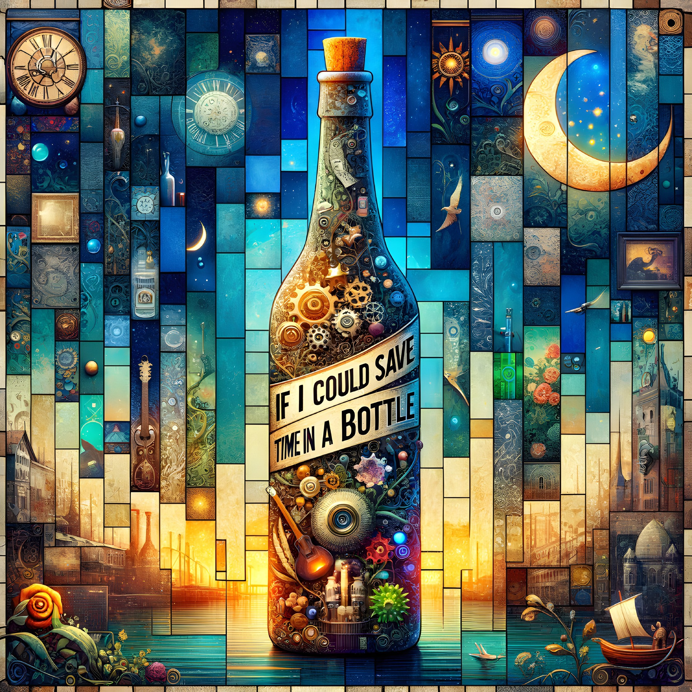 Colorful Mosaic of Time-Themed Bottle and Nature Elements