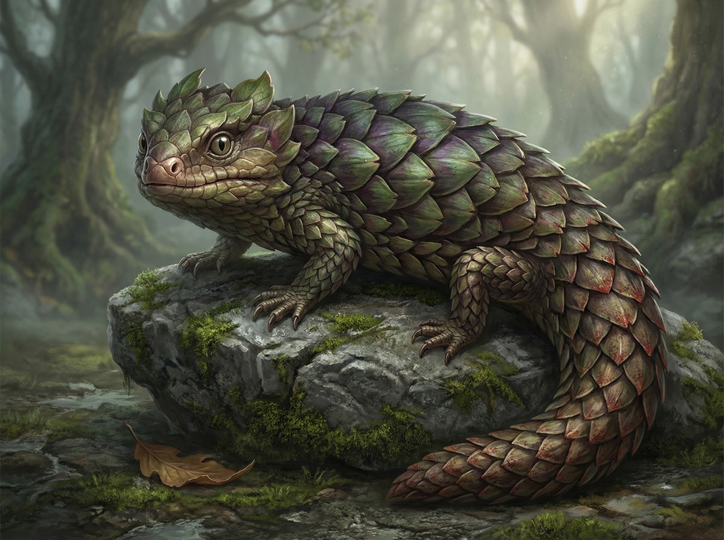 Armored lizard with colorful scales in enchanted forest