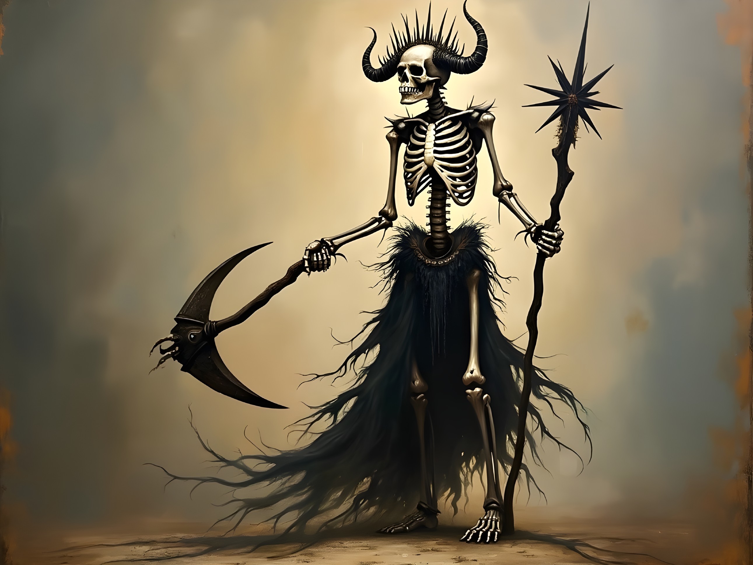 Eerie skeletal figure with horns and scythe in dark attire