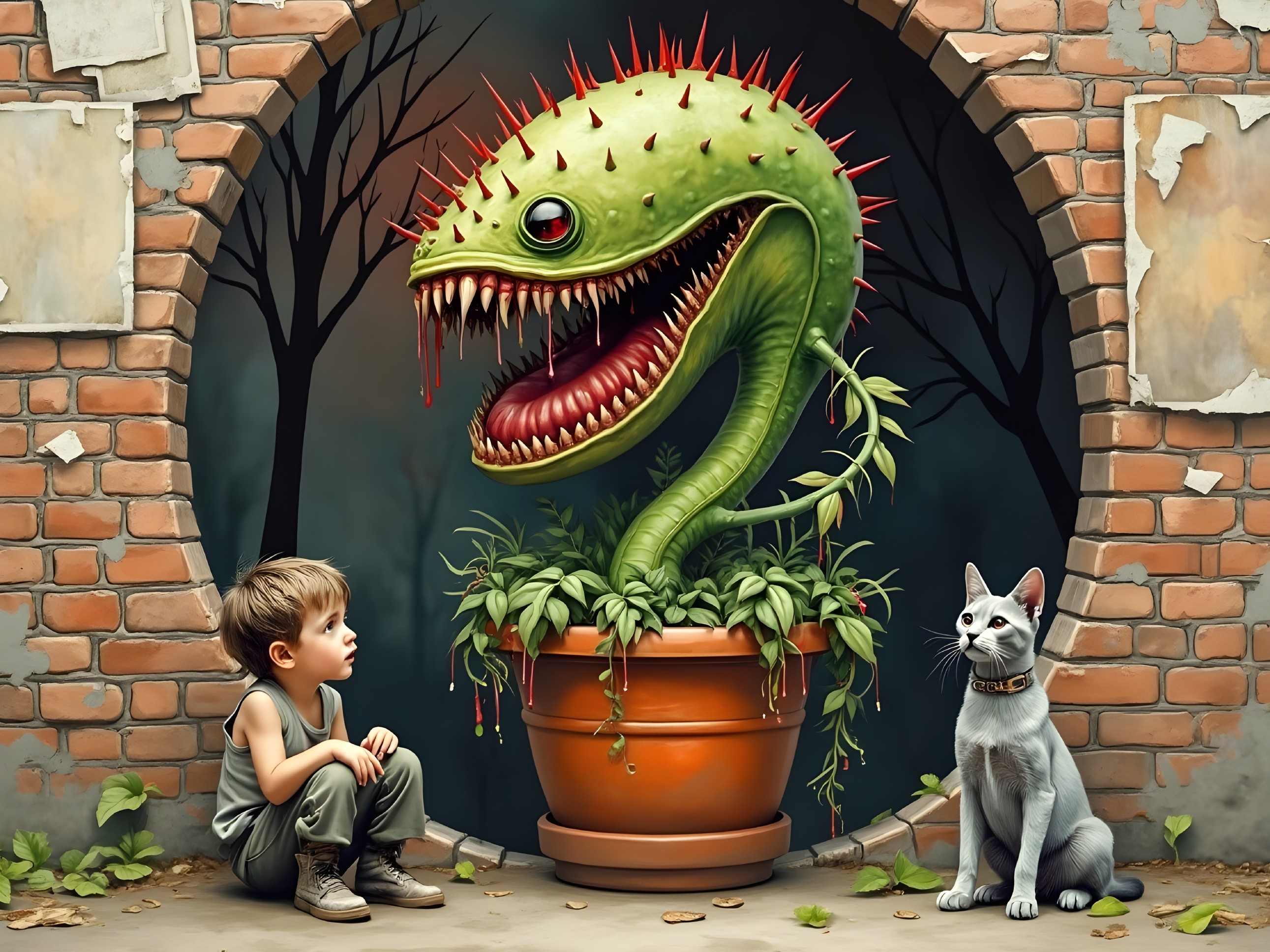 Curious Boy and Cat with Spiky Plant in Enchanted Setting