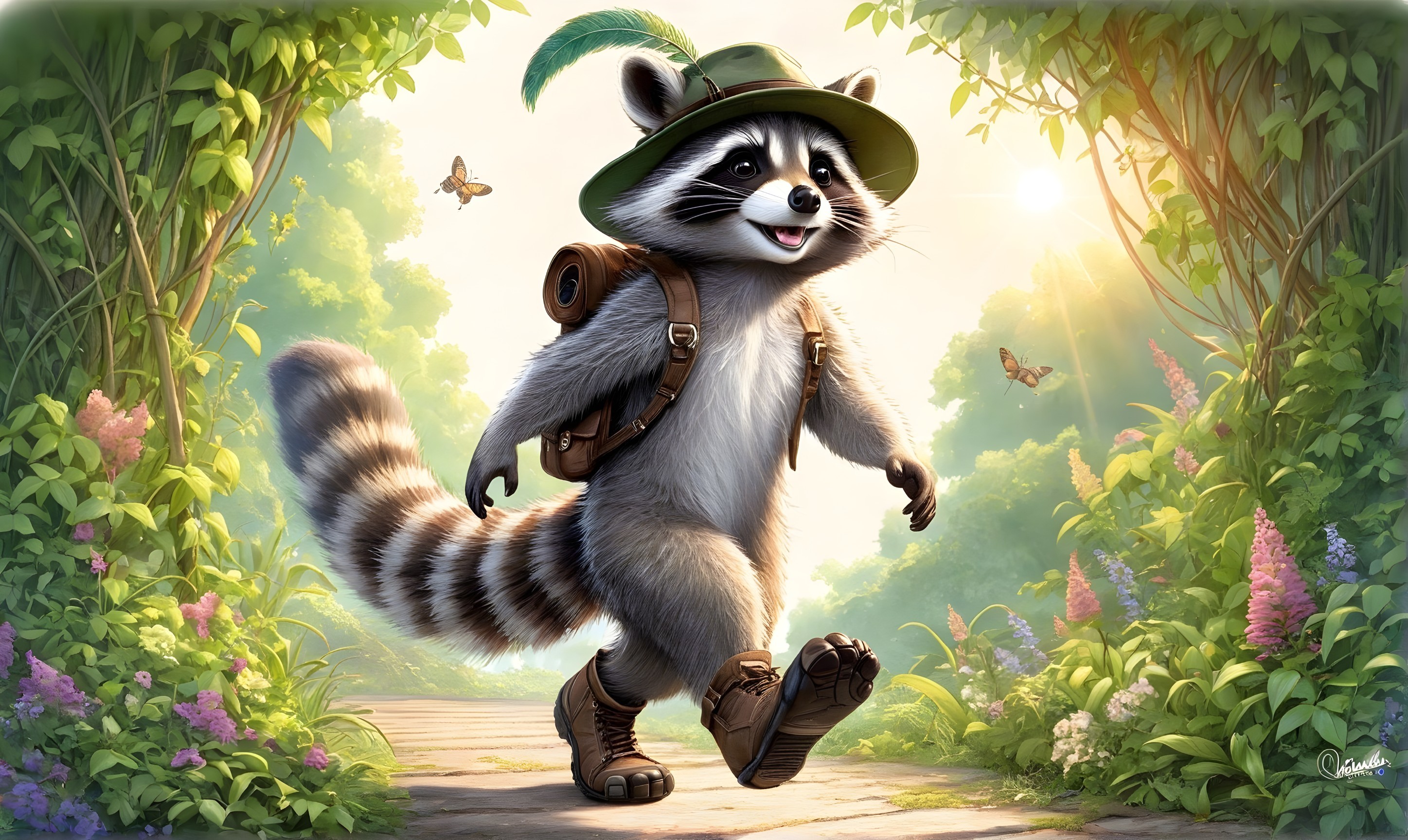 Cheerful Cartoon Raccoon in a Vibrant Forest Path