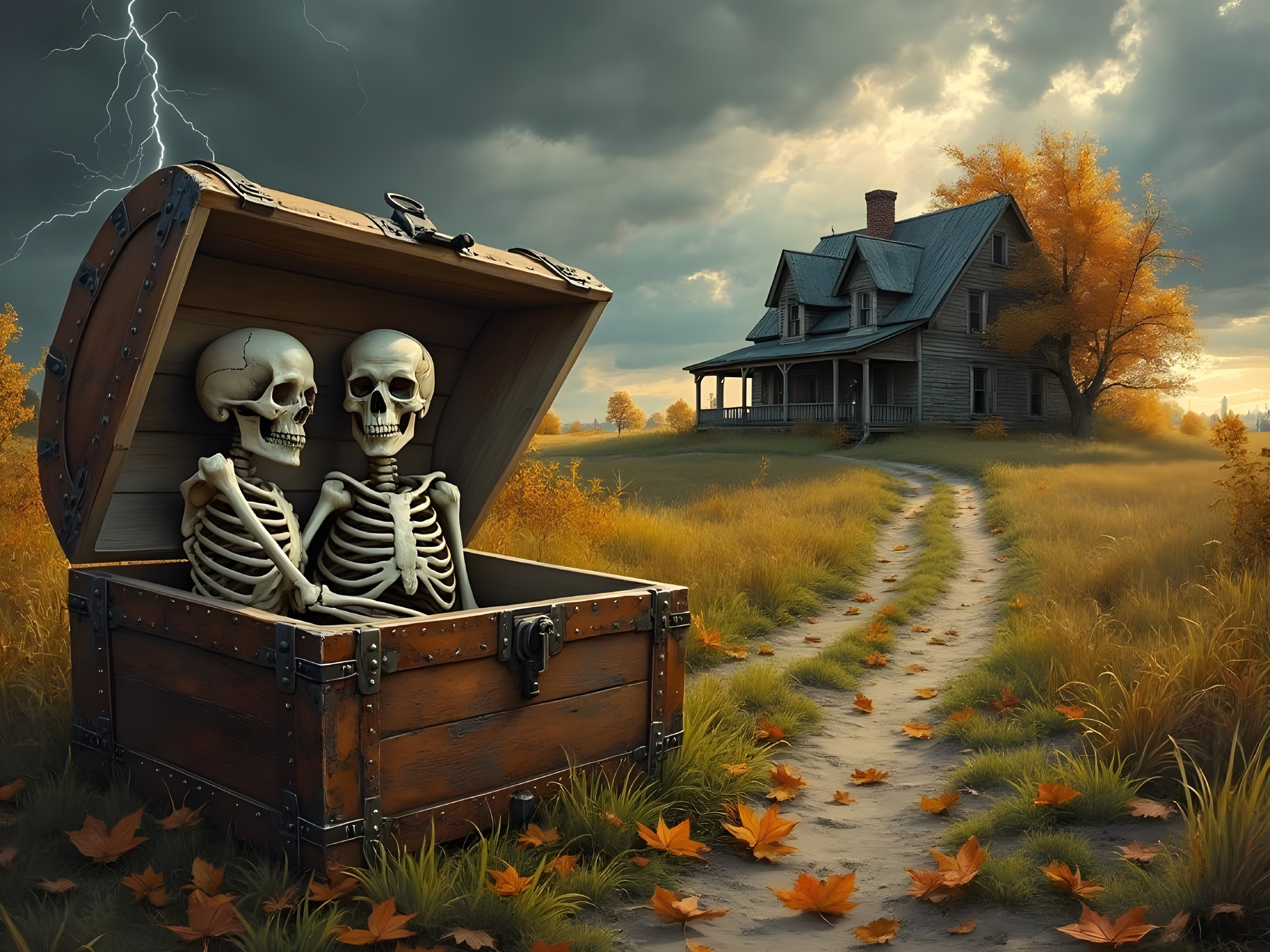 Skeletons in Chest Surrounded by Autumn Landscape