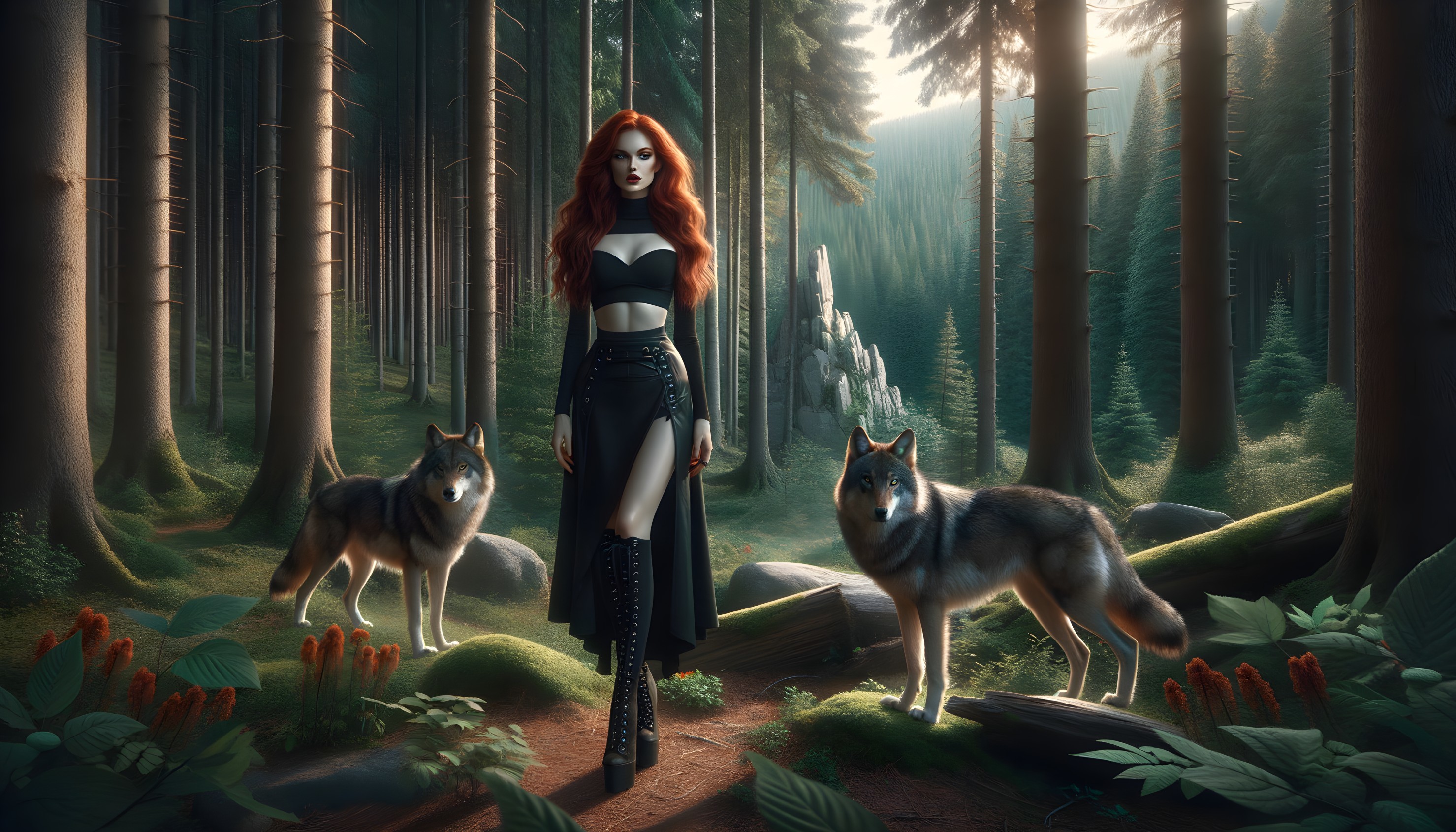 Red-Haired Woman and Wolves: Forest Encounter