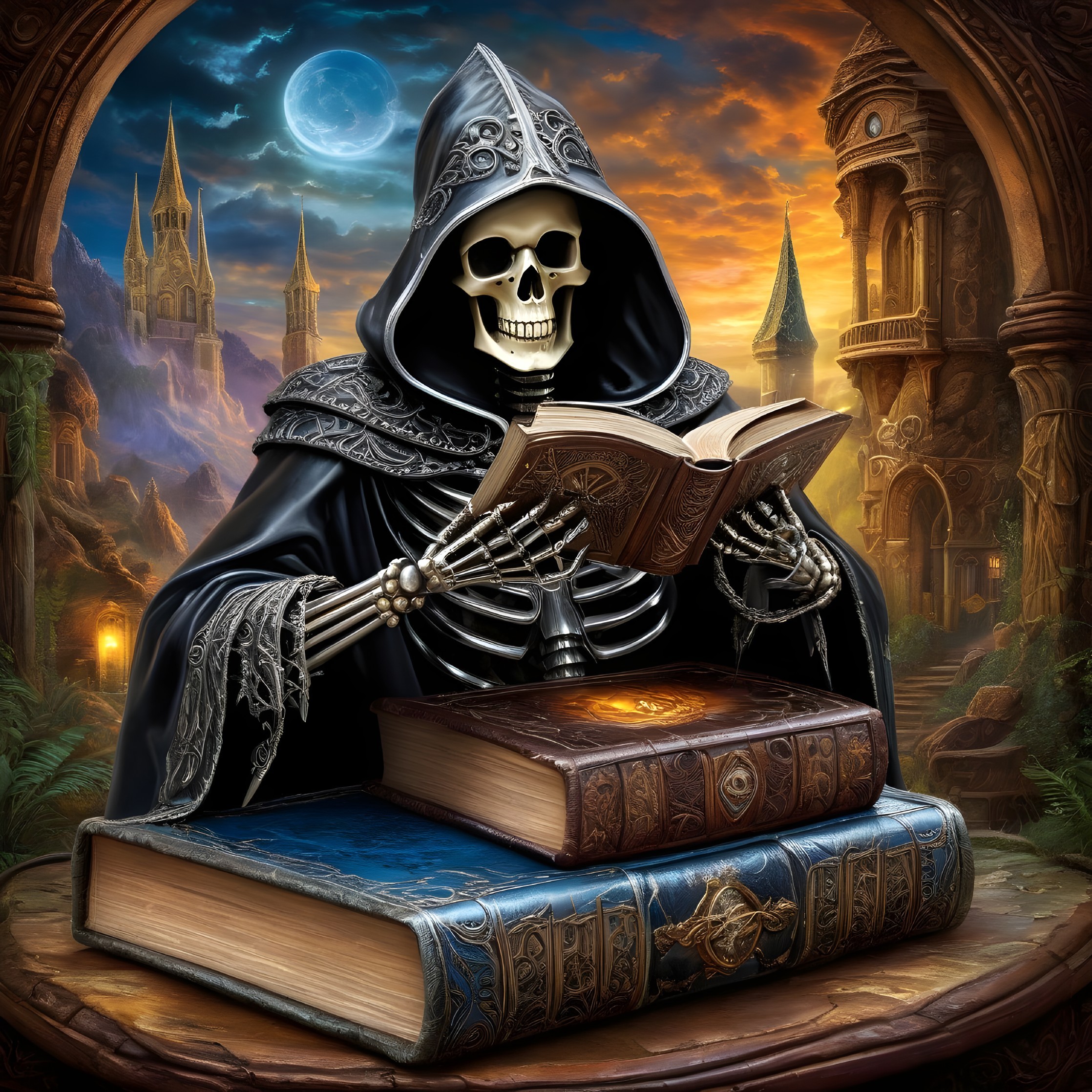Skeletal Figure in Cloak Surrounded by Enchanting Landscape