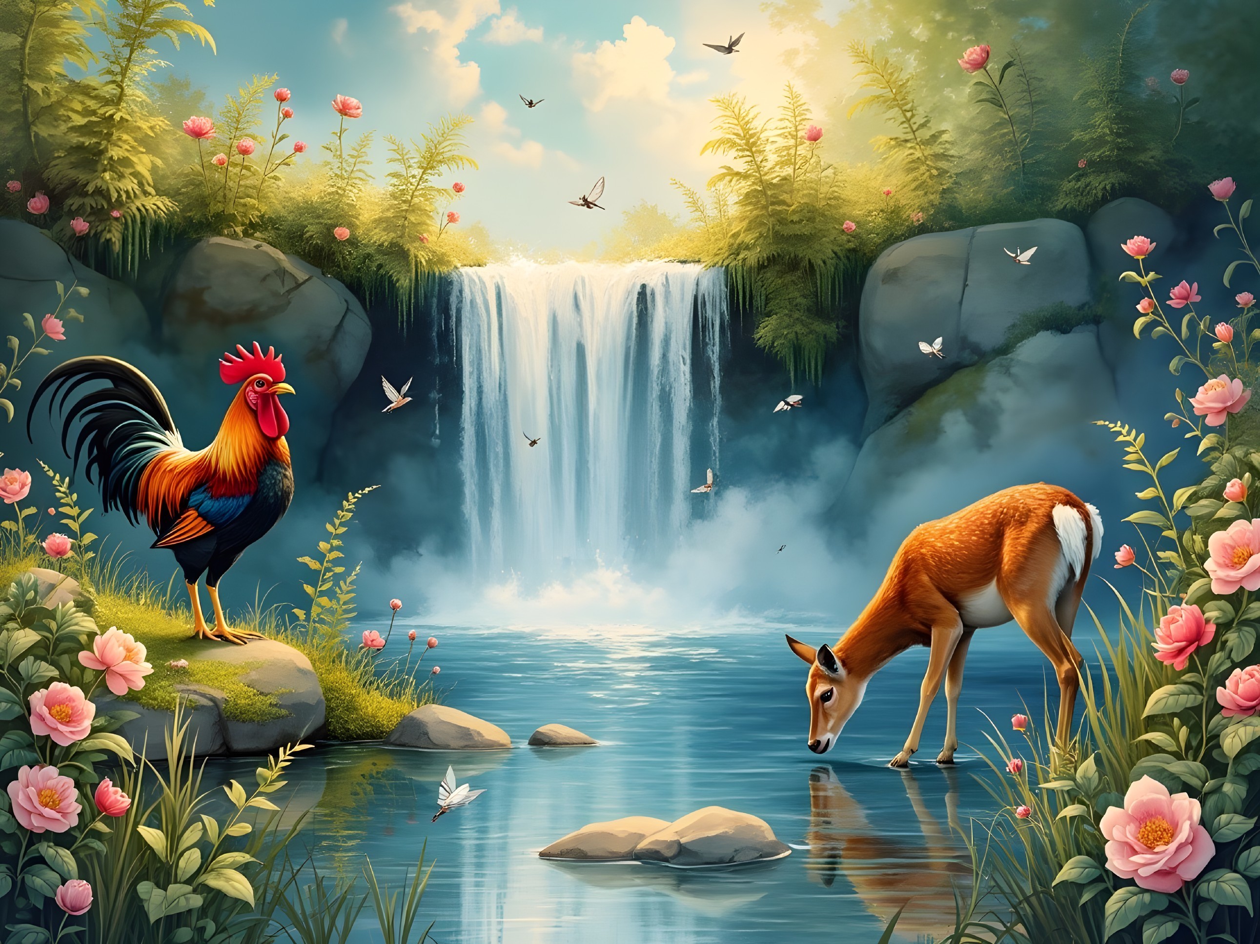 Vibrant Rooster and Deer by Tranquil River Scene