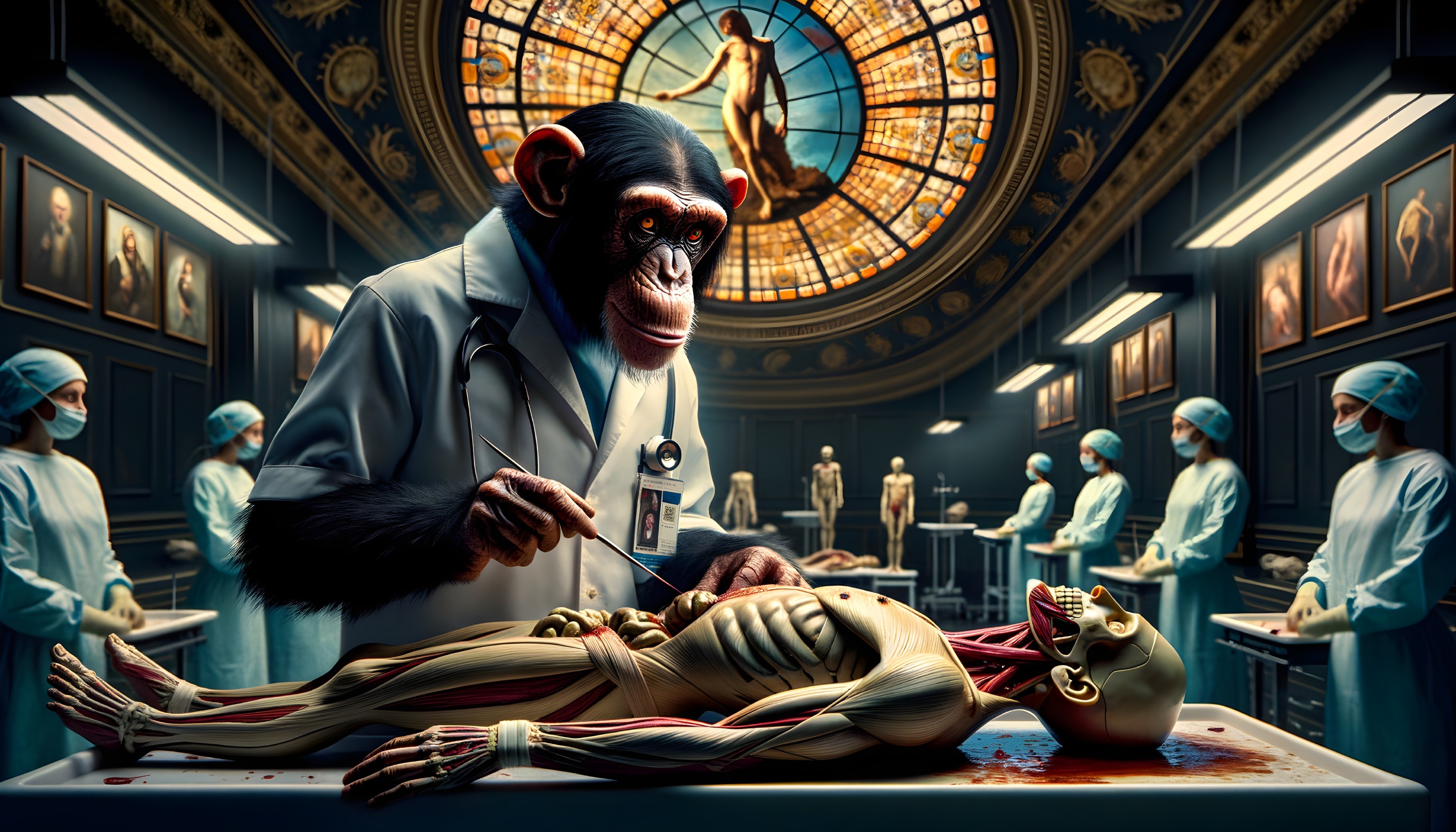 Chimpanzee Doctor Examines Anatomical Model in Lab