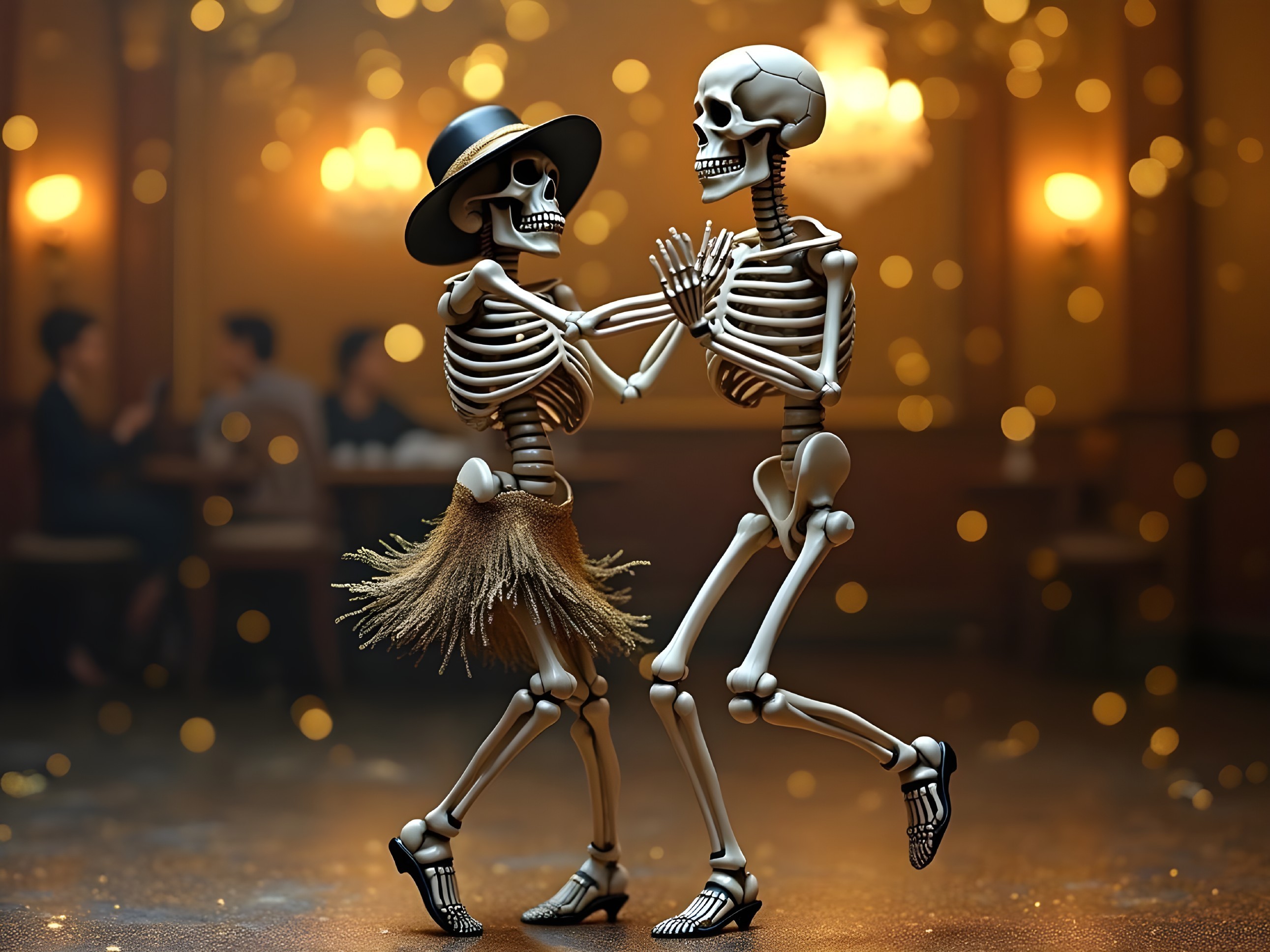 Skeletons Dancing in a Vintage Dance Hall Setting
