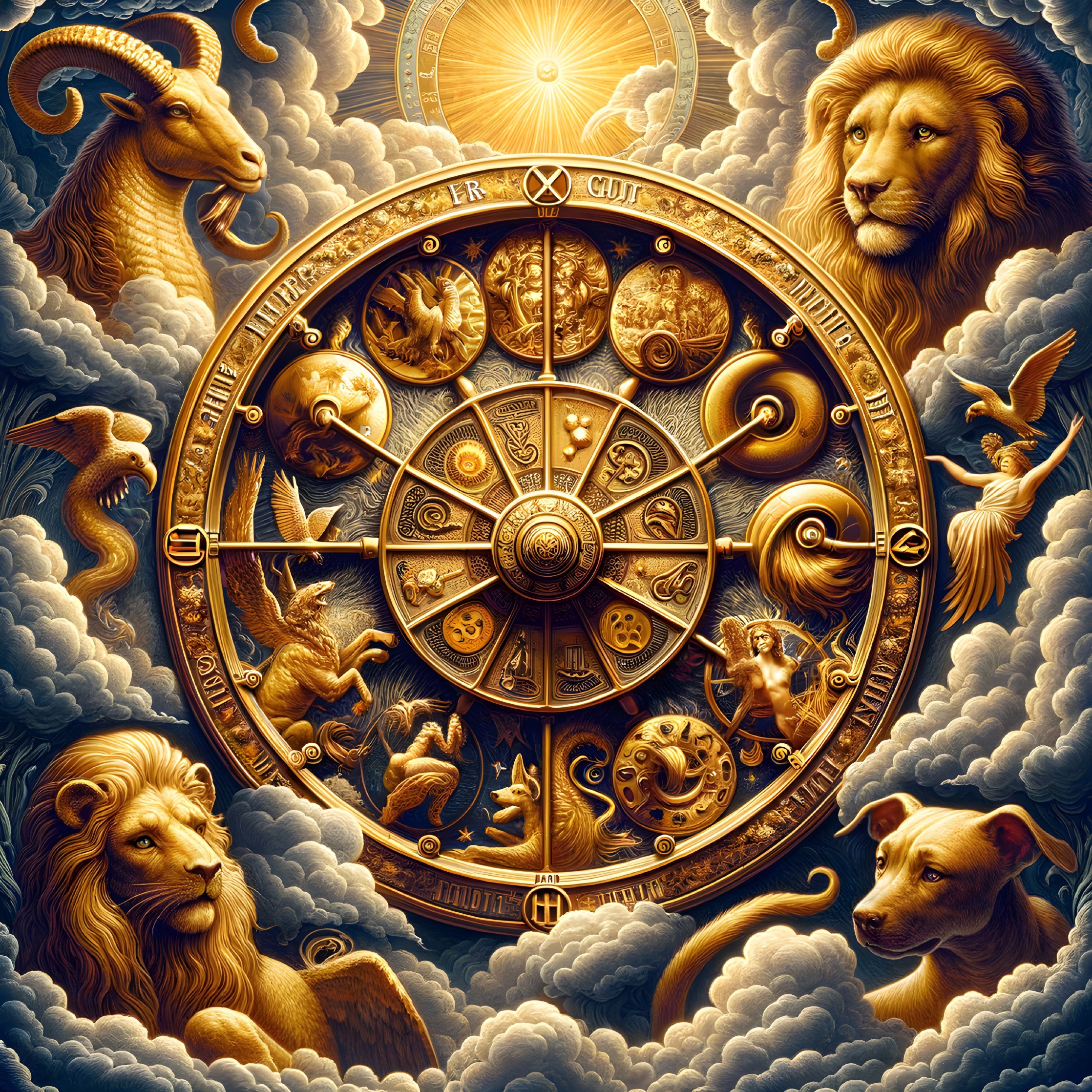 Intricate Zodiac Wheel Design with Golden Tones