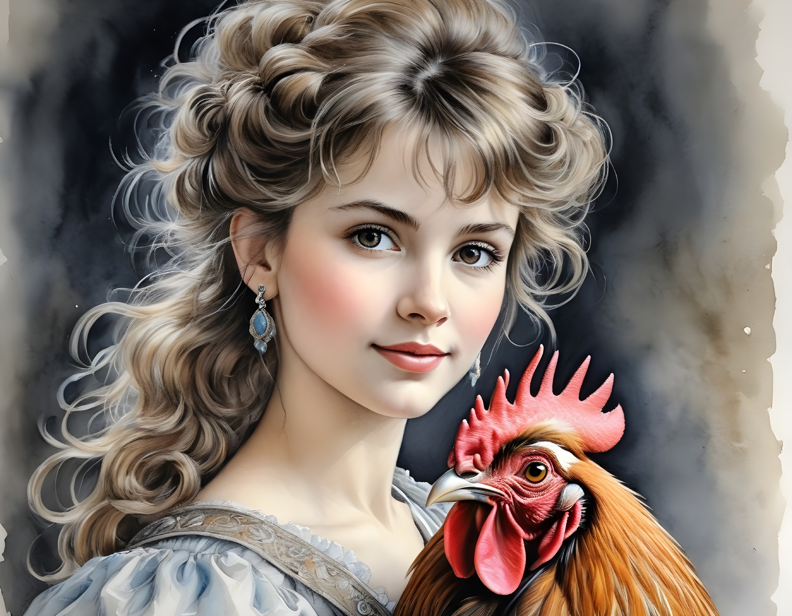 Young Woman with Rooster in Elegant Dress