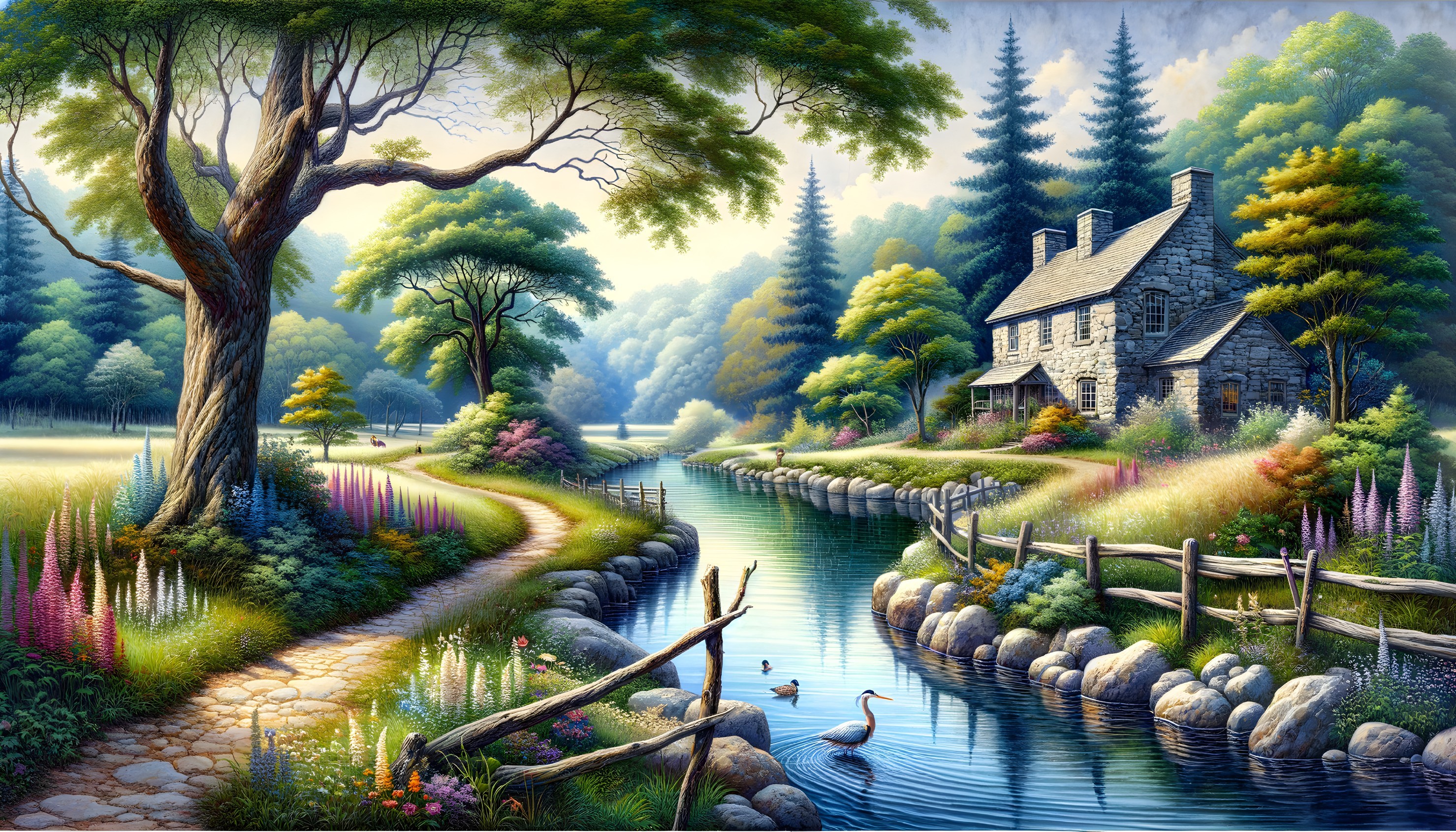 Old Stone Cottage by Serene River in Lush Landscape