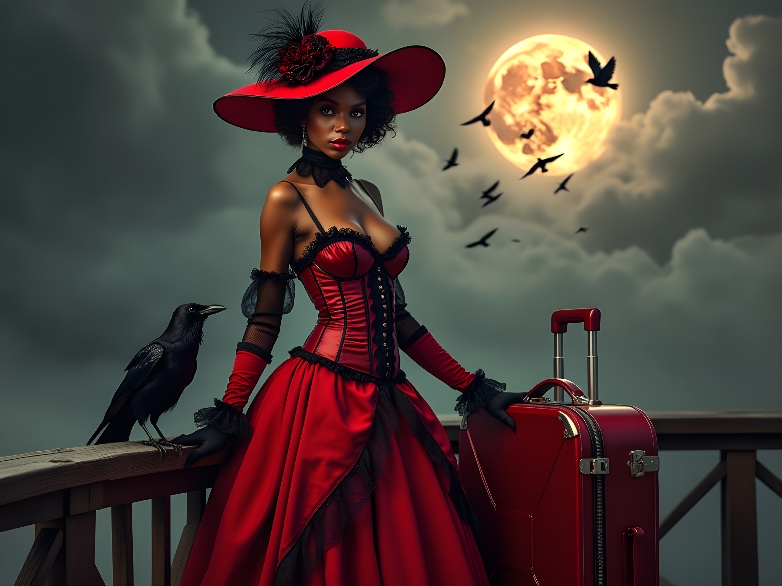 Woman in red gown with raven on moonlit platform