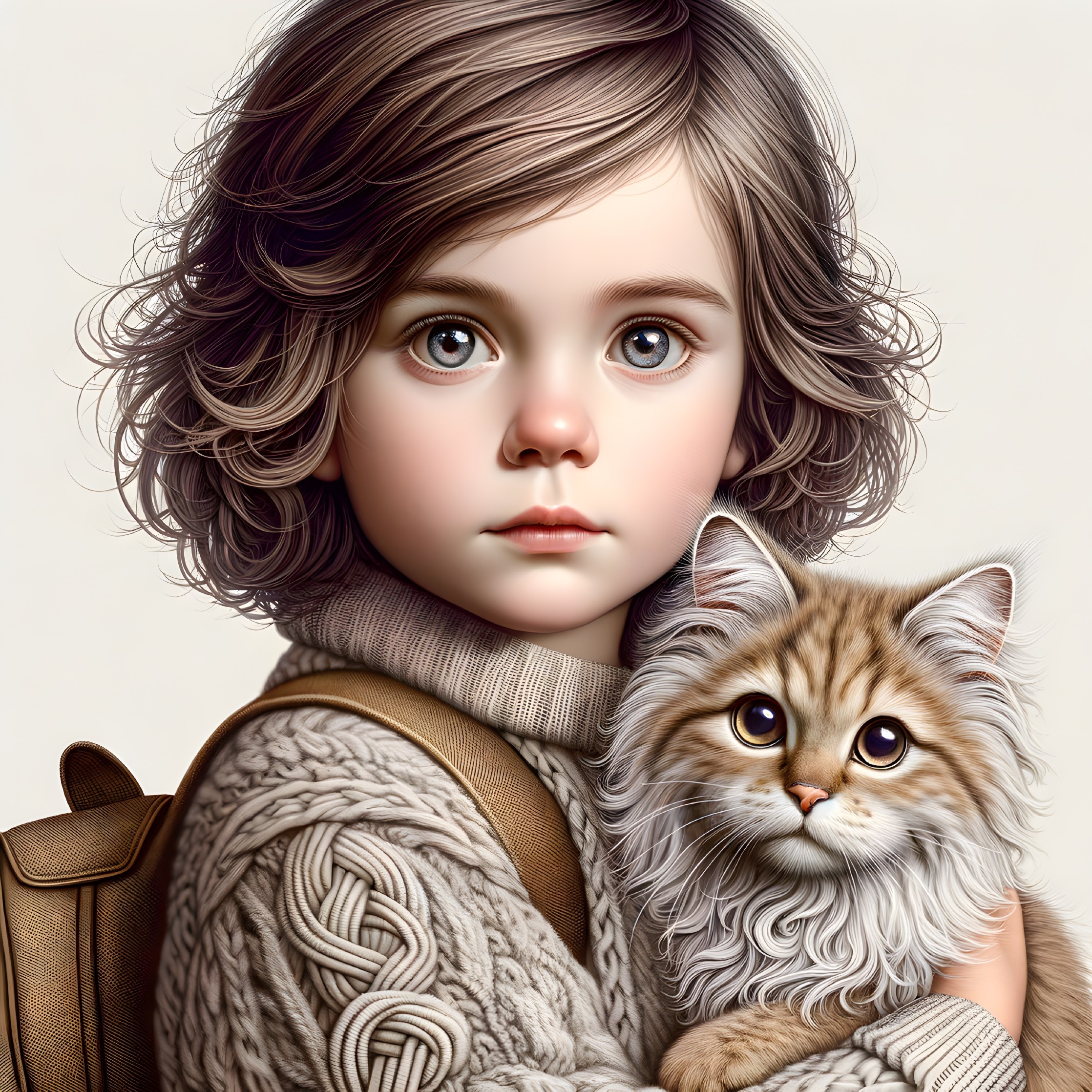 Digital Artwork of Child with Kitten and Expressive Eyes