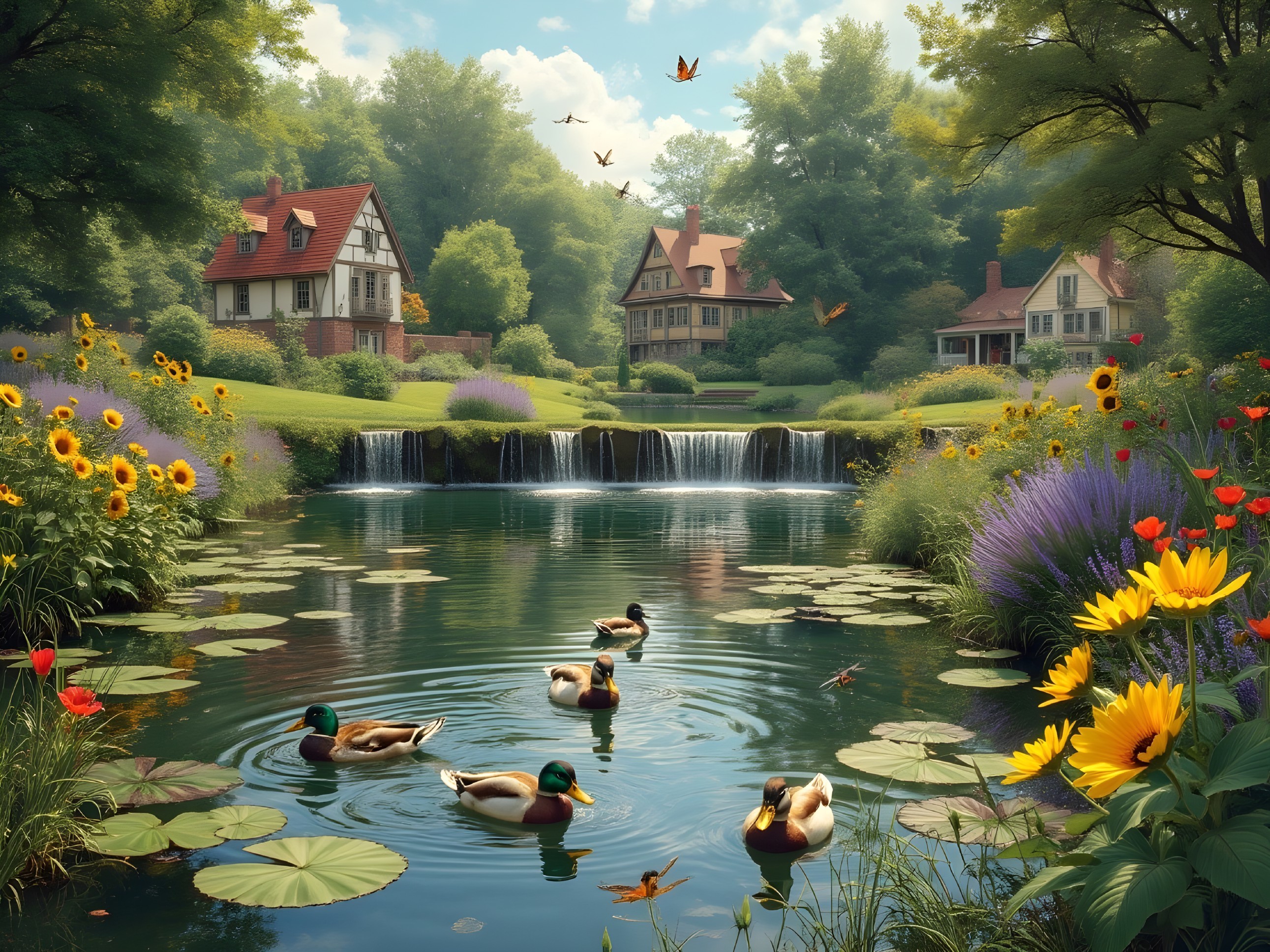 Tranquil Pond Surrounded by Lush Greenery and Flowers