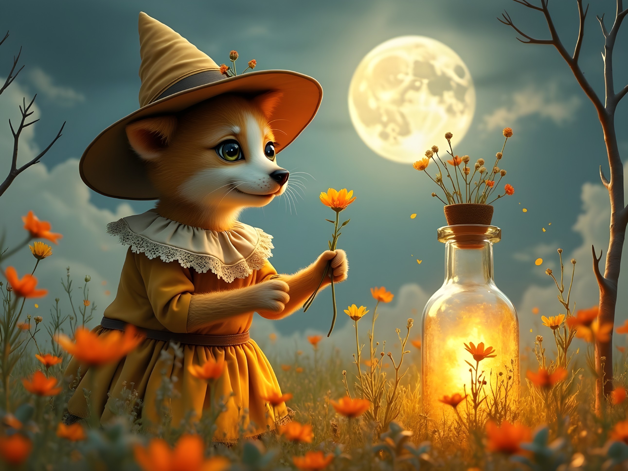Charming fox in a yellow dress among orange flowers