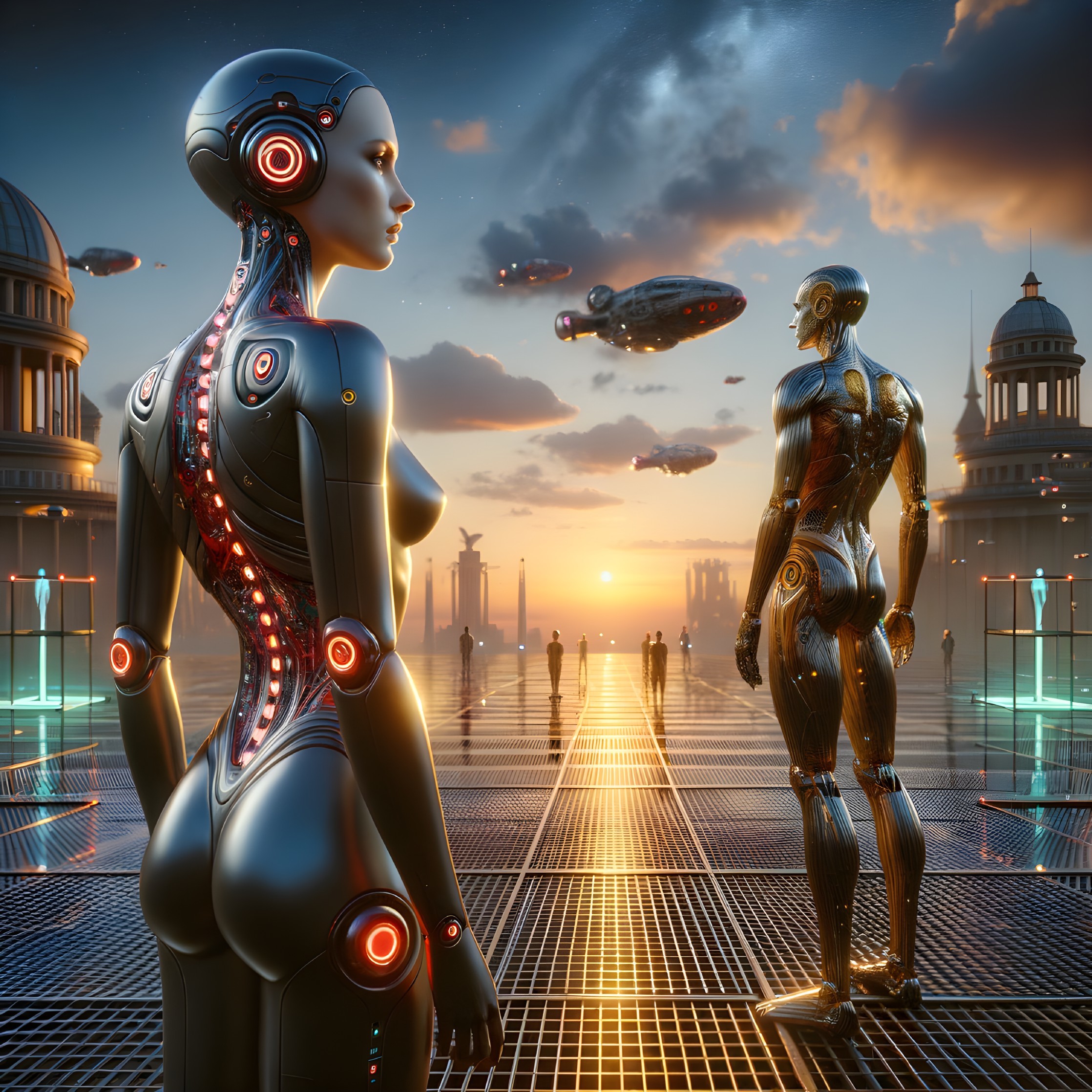Futuristic Cityscape with Humanoid Robots at Sunset