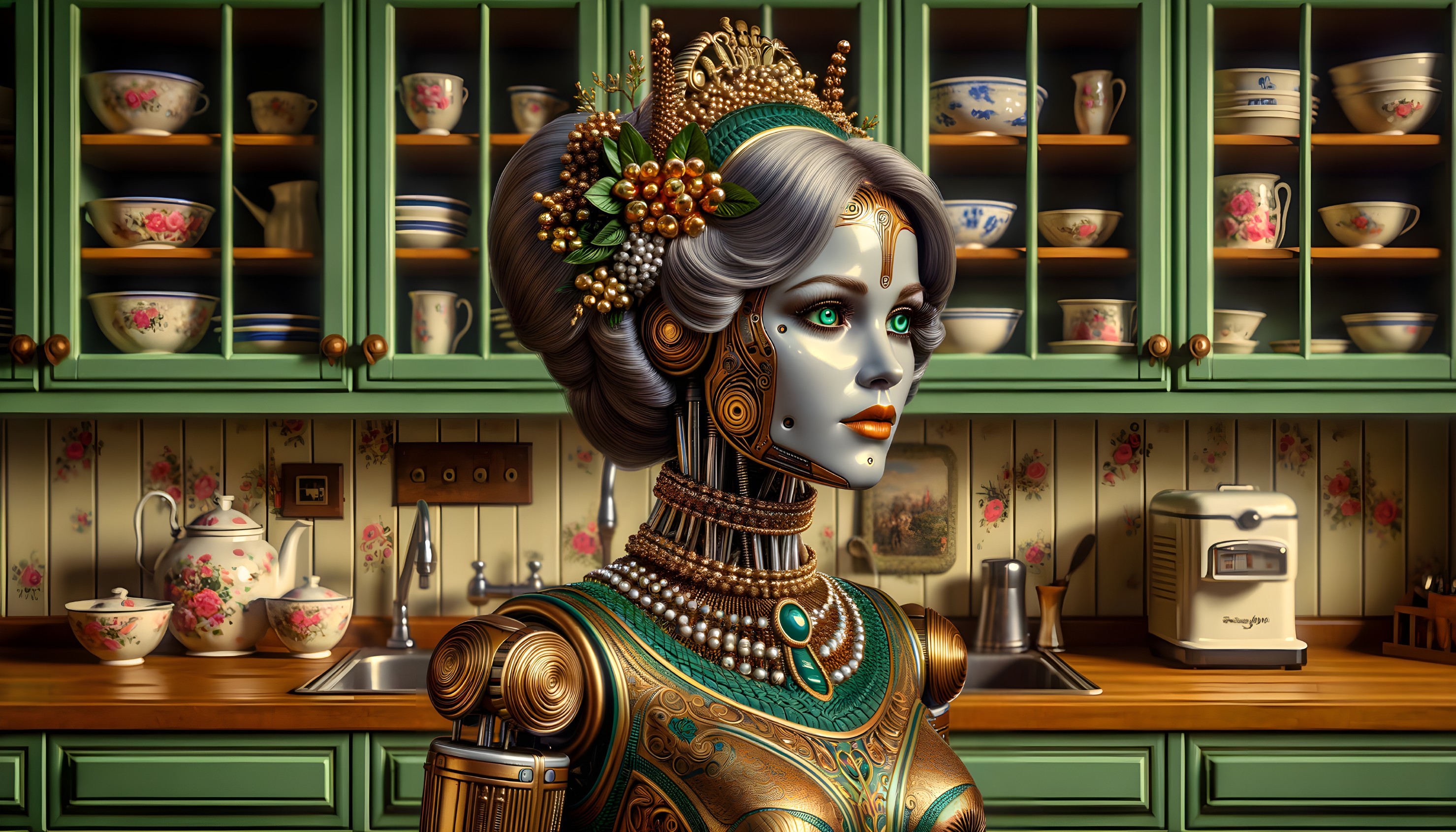 Elegant Robot in Vintage Kitchen with Floral Dishware