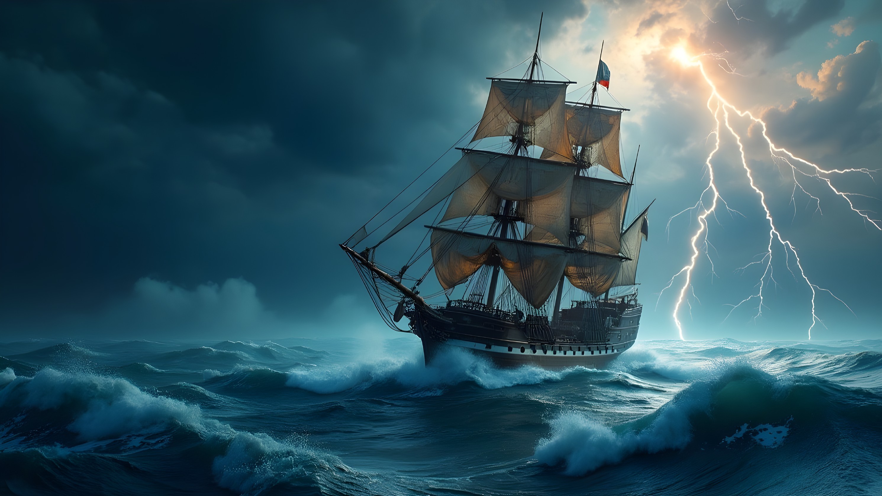 Majestic ship navigating stormy seas with lightning