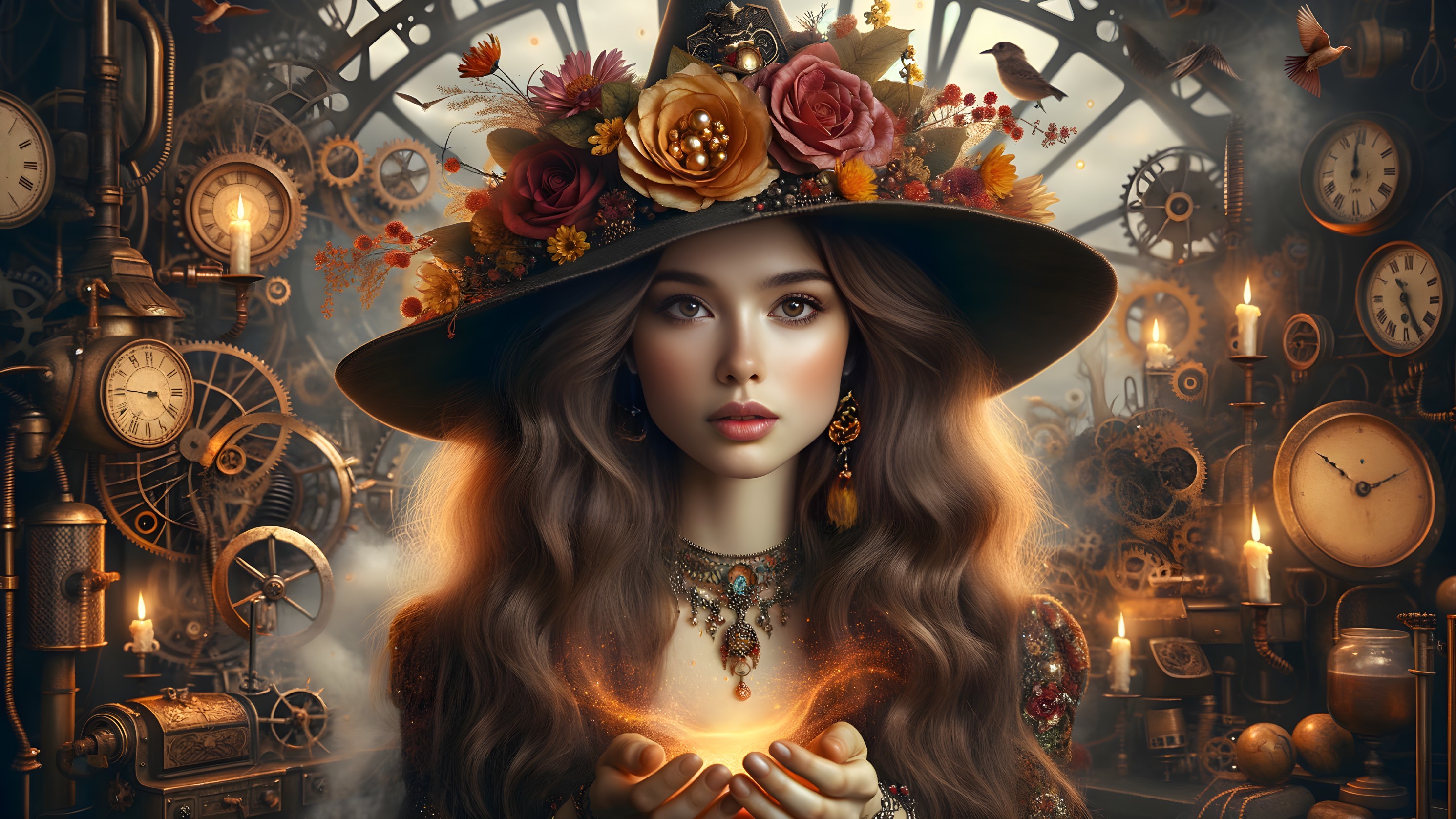 Young woman in floral hat with glowing orb in steampunk setting