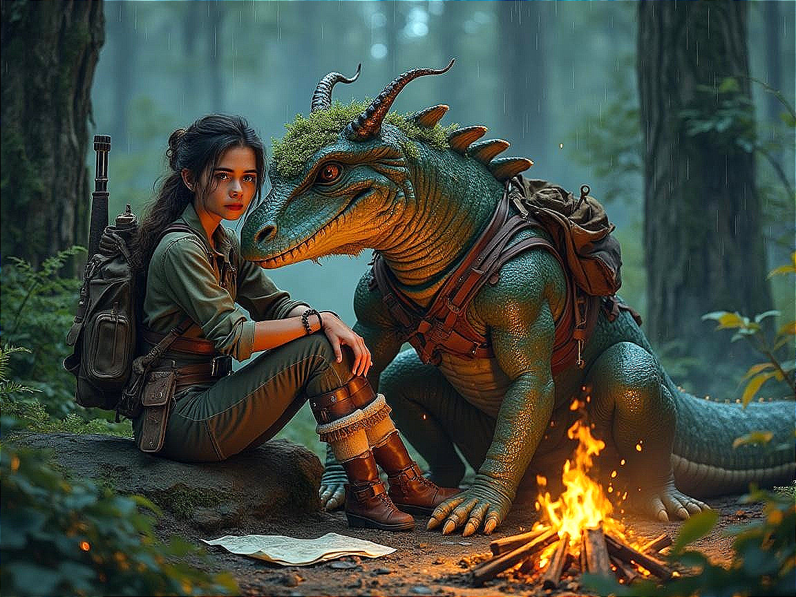 Young Woman and Dragon Creature in Mystical Forest
