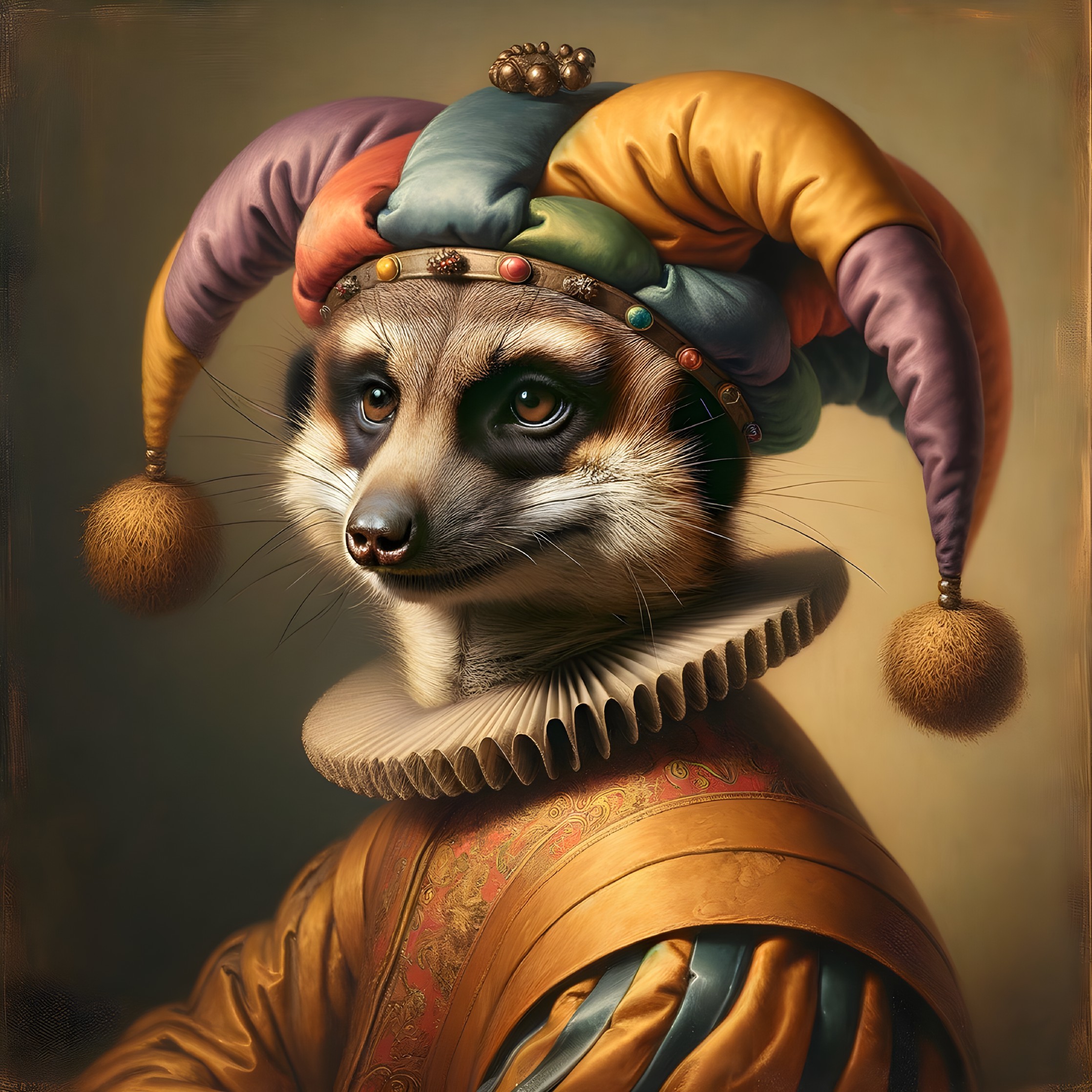 Whimsical Meerkat in Colorful Jester Attire