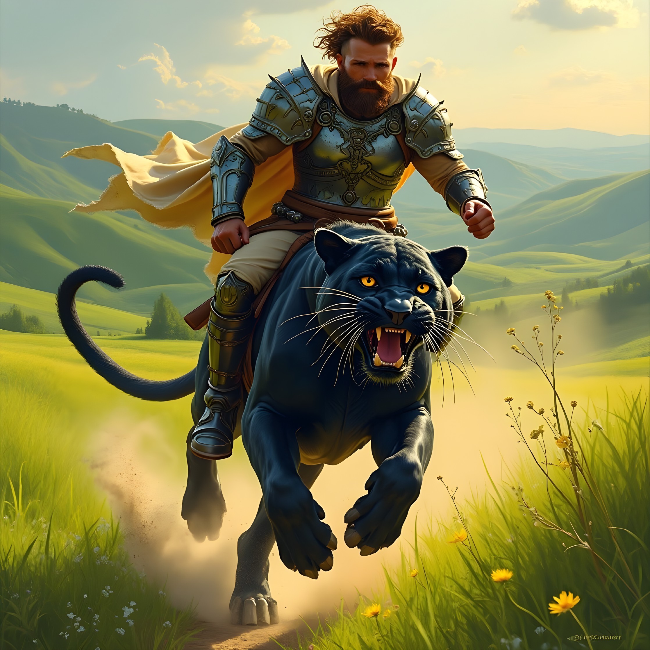Muscular Warrior on Black Panther in Vibrant Landscape