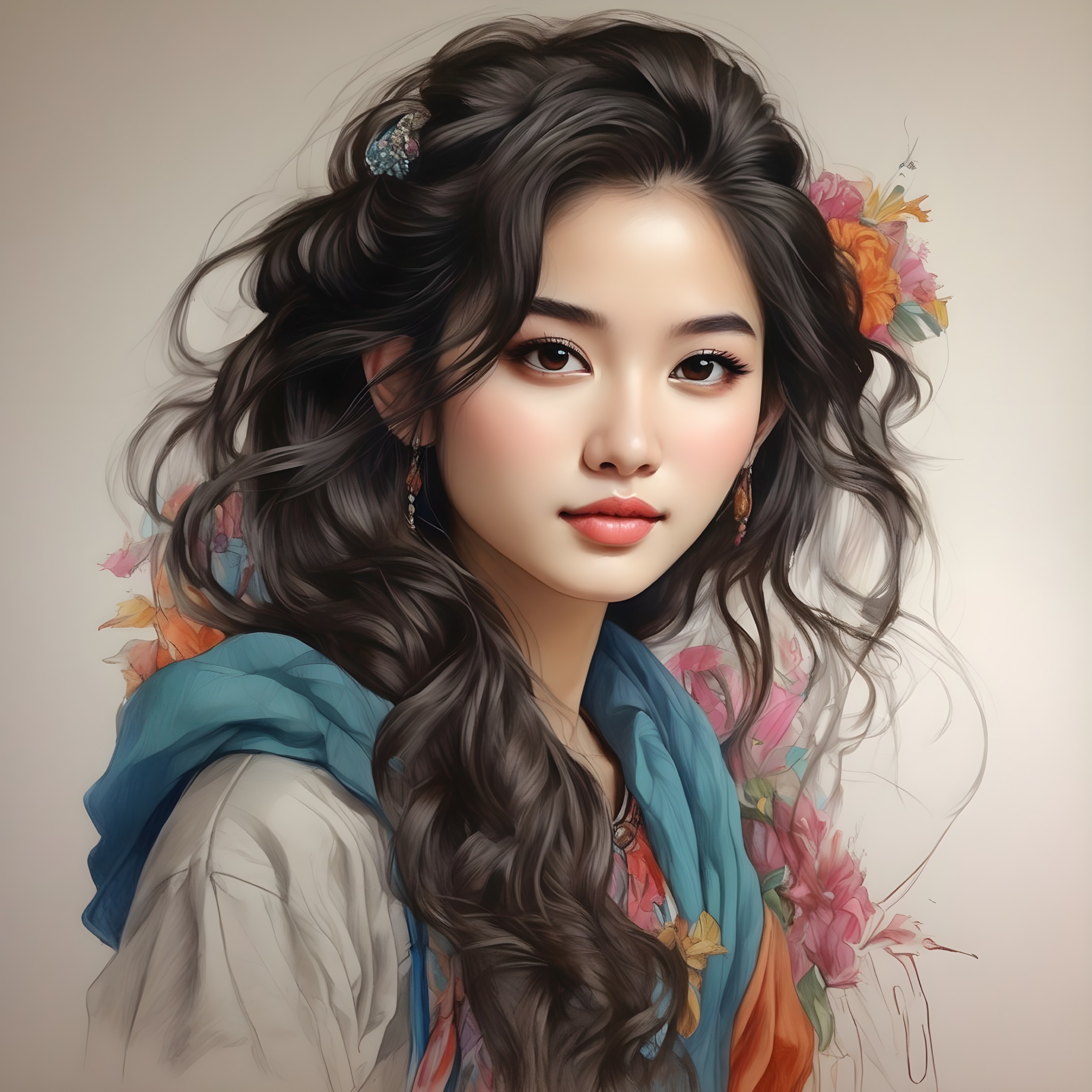 Digital Portrait of Young Woman with Wavy Hair and Flowers